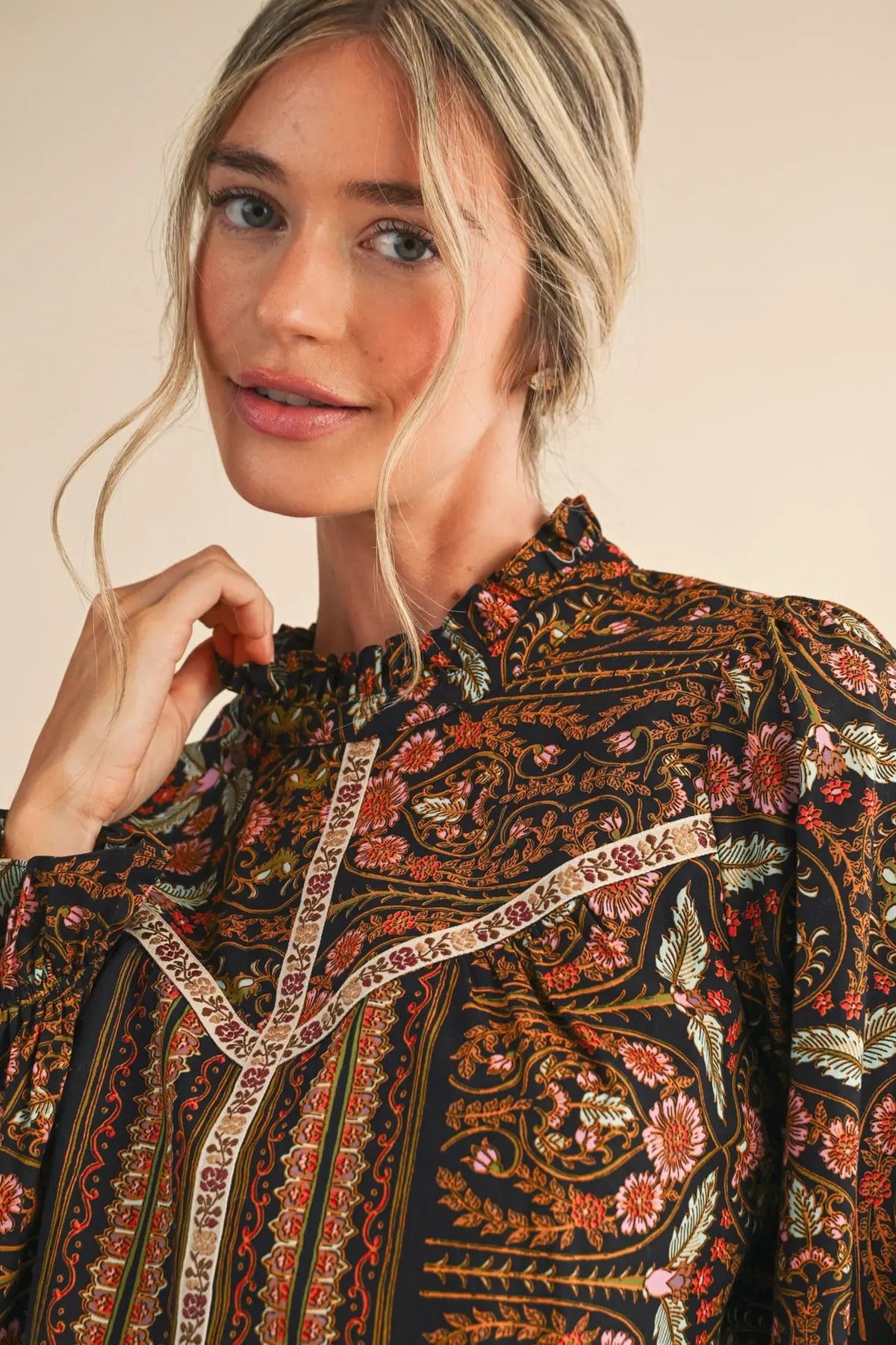 Women's Floral Print Top with Floral Trim