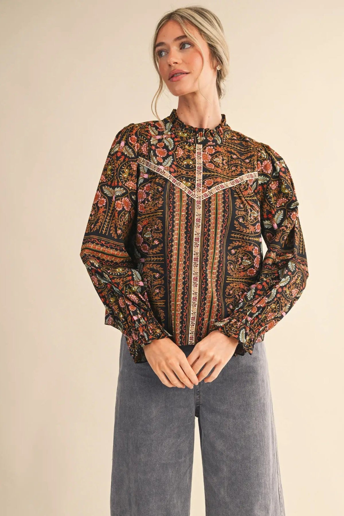 Women's Floral Print Top with Floral Trim