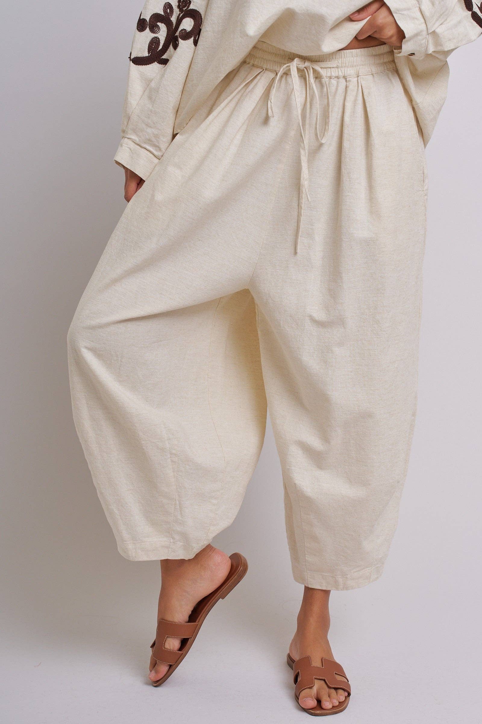Linen Drawstring Cocoon Pants with Elastic Waist