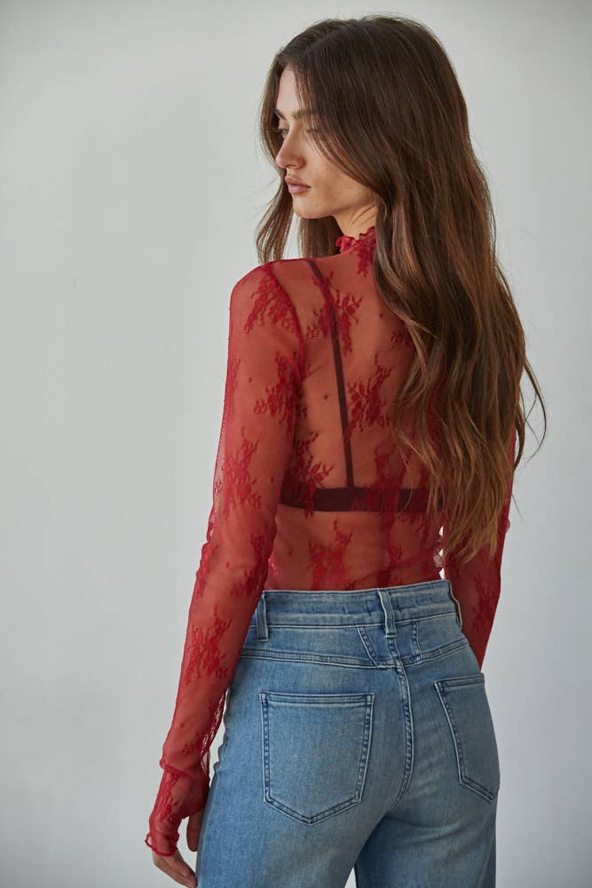 Knit Jacquard Lace Mock Neck Top