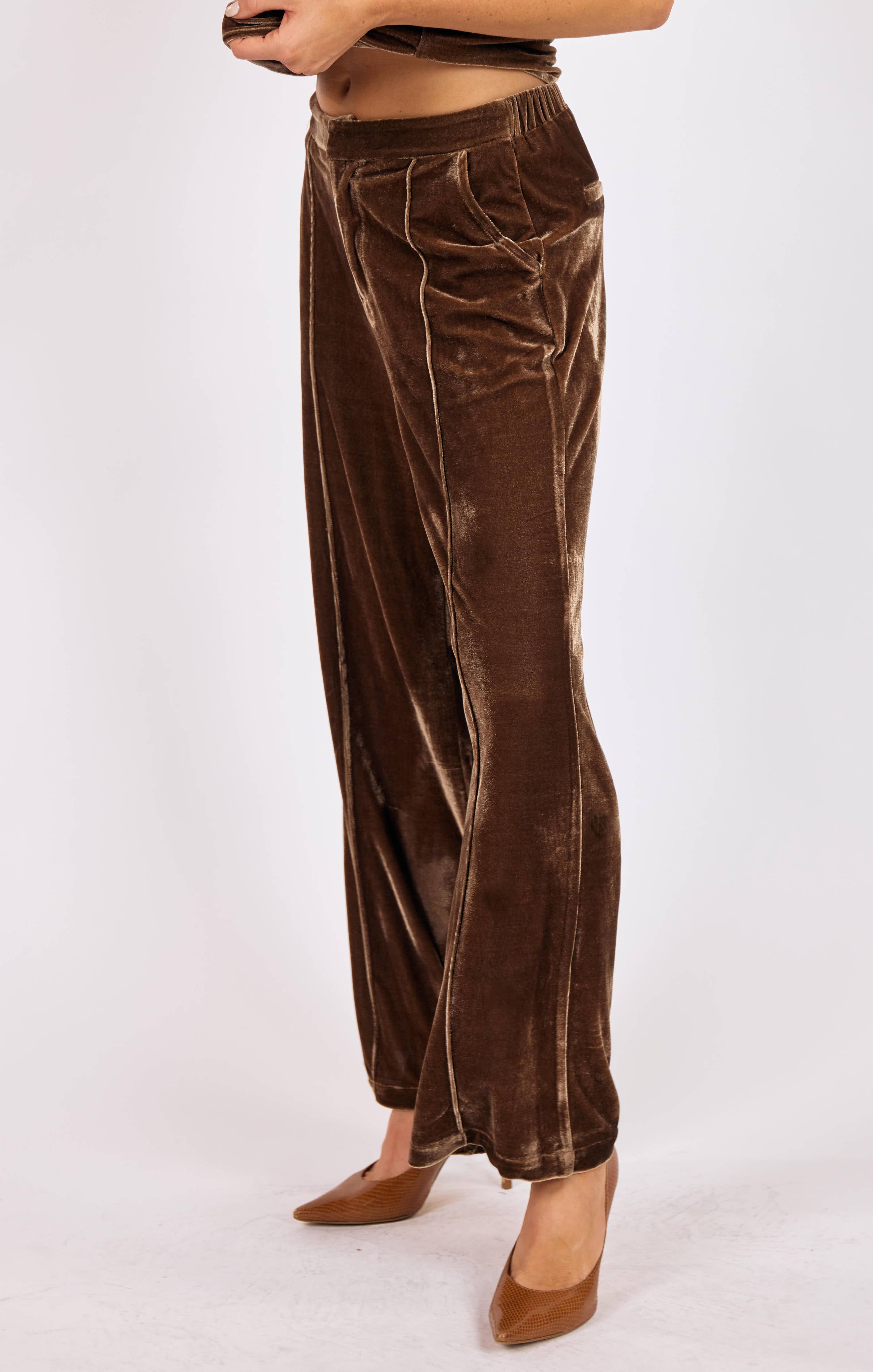 Twilight Spell Stretch Velvet Pin Tuck Trousers : MOCHA