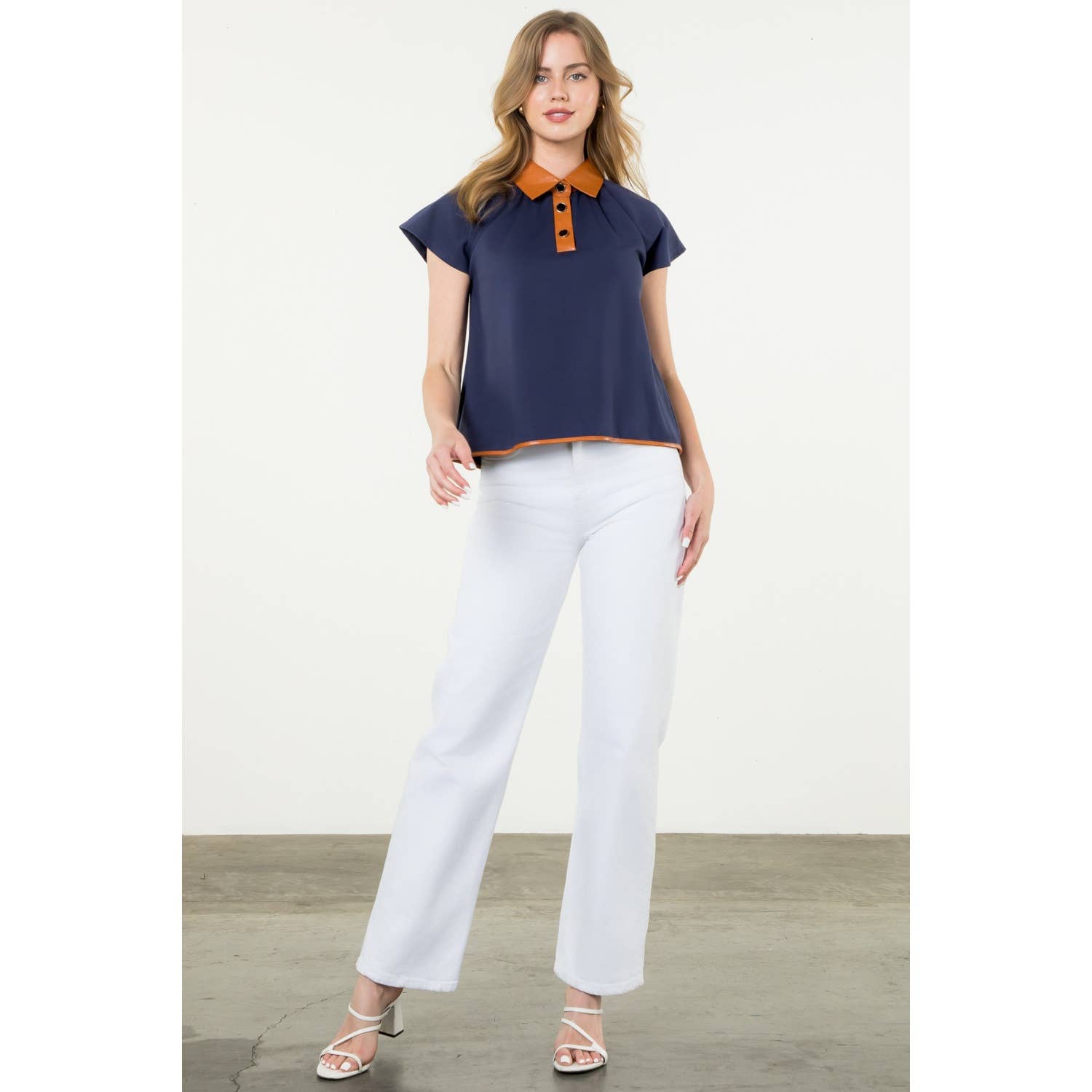 Contrast Collar Faux Leather Top