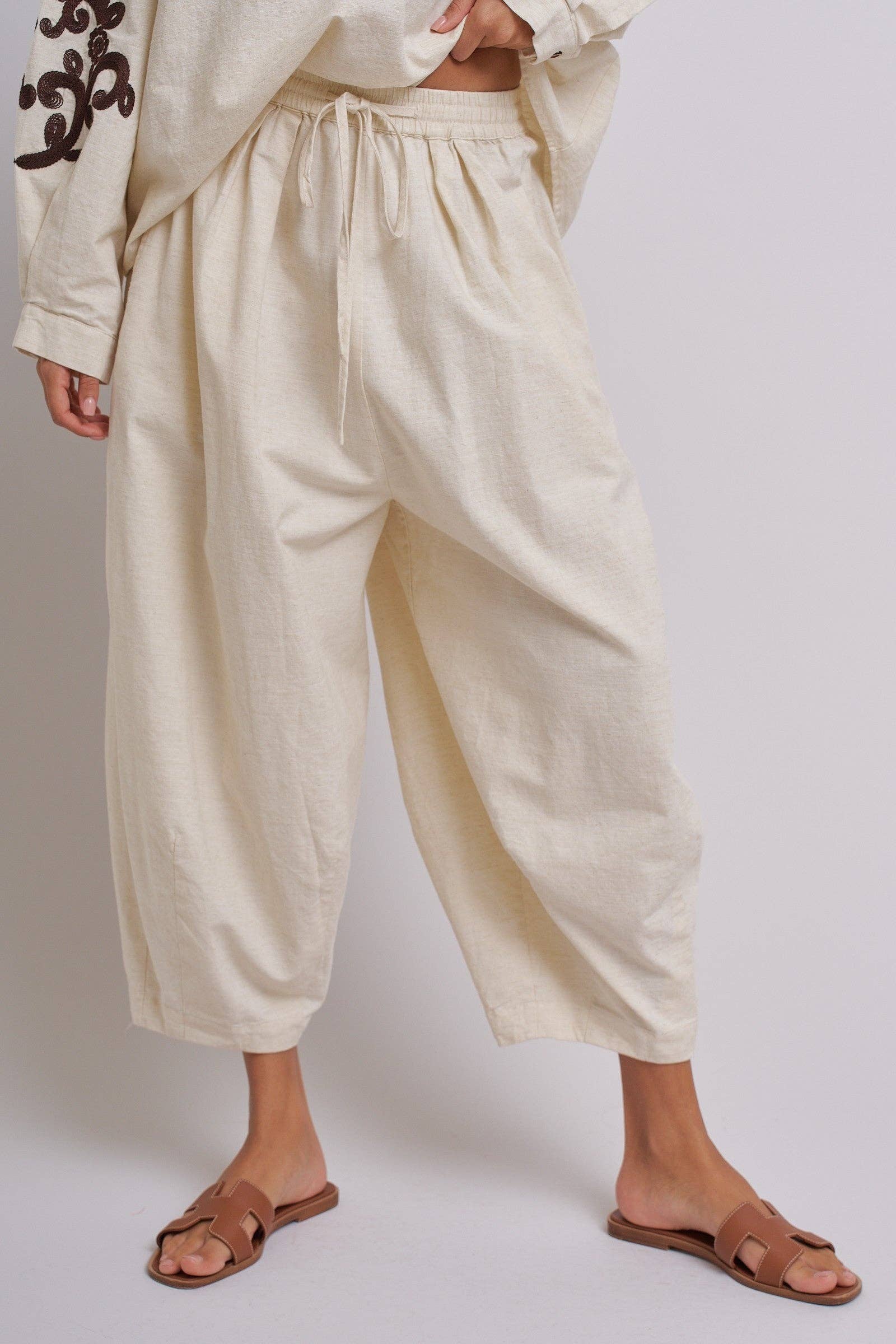Linen Drawstring Cocoon Pants with Elastic Waist