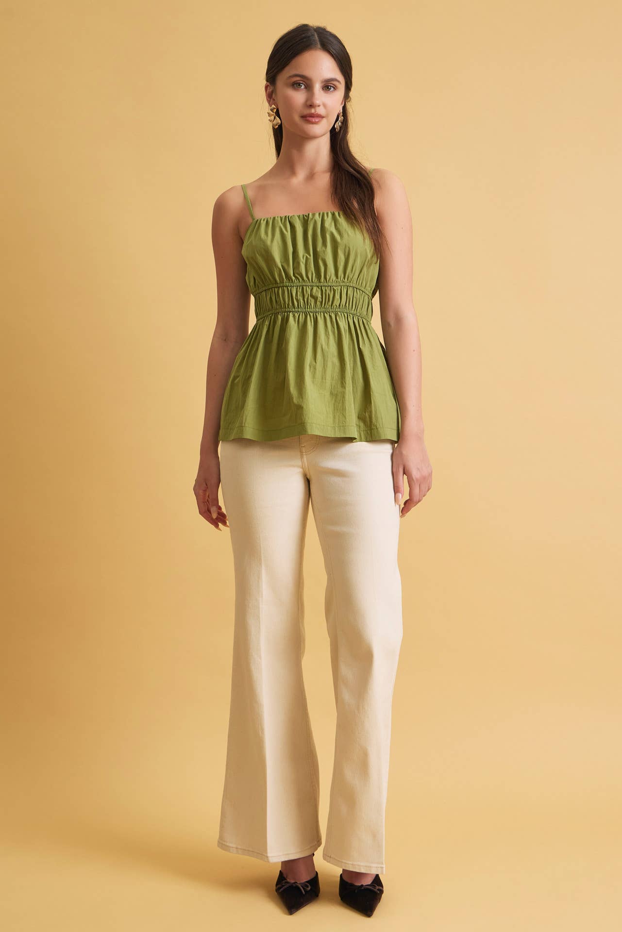 RUCHED CAMI TOP W SOMKED WAIST AND PEPLUM HEM