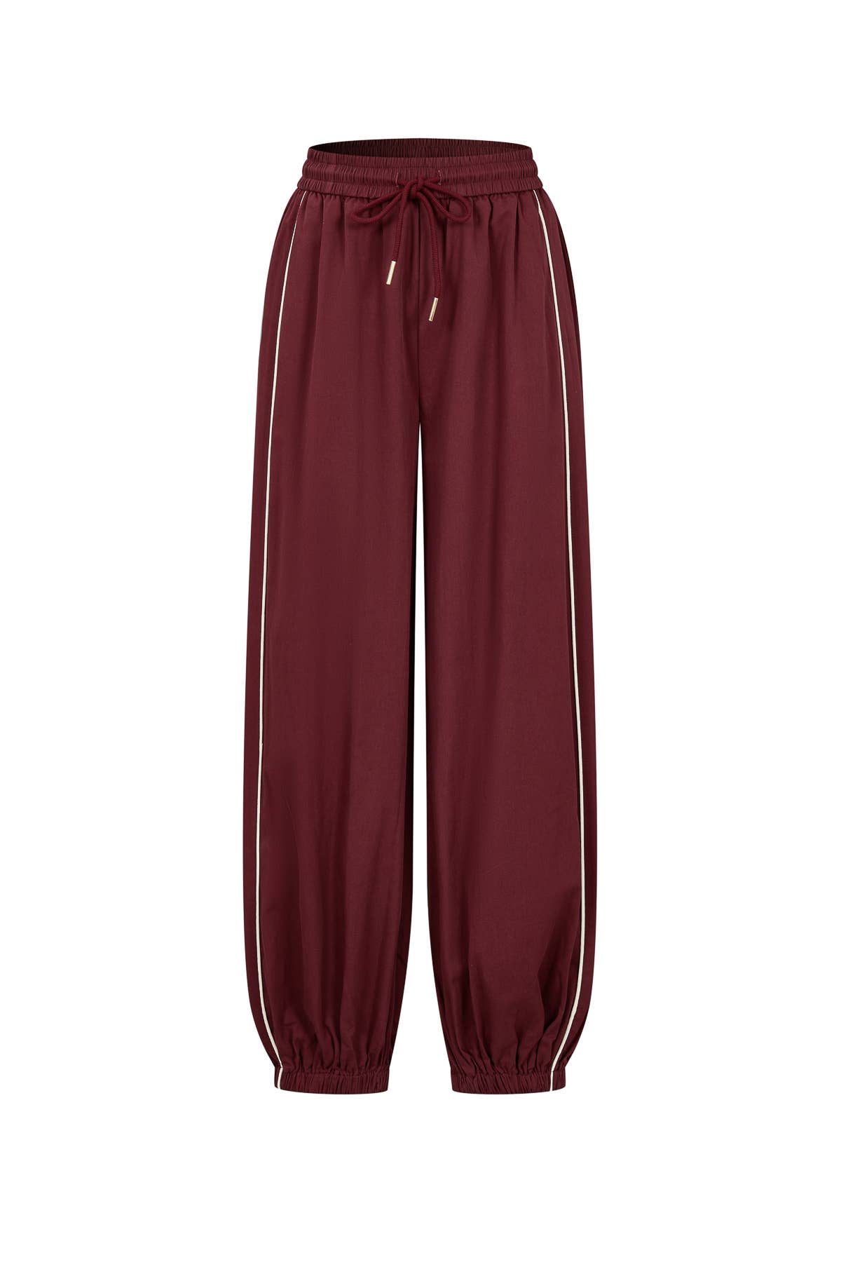 Maroon pants with white stripes on a white background