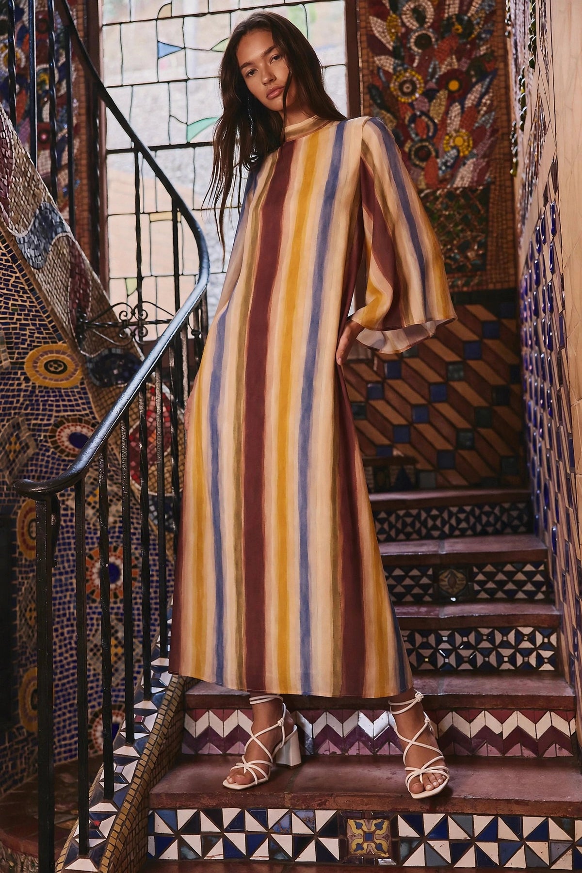 Women's Watercolor Striped Tie Neck Maxi Dress