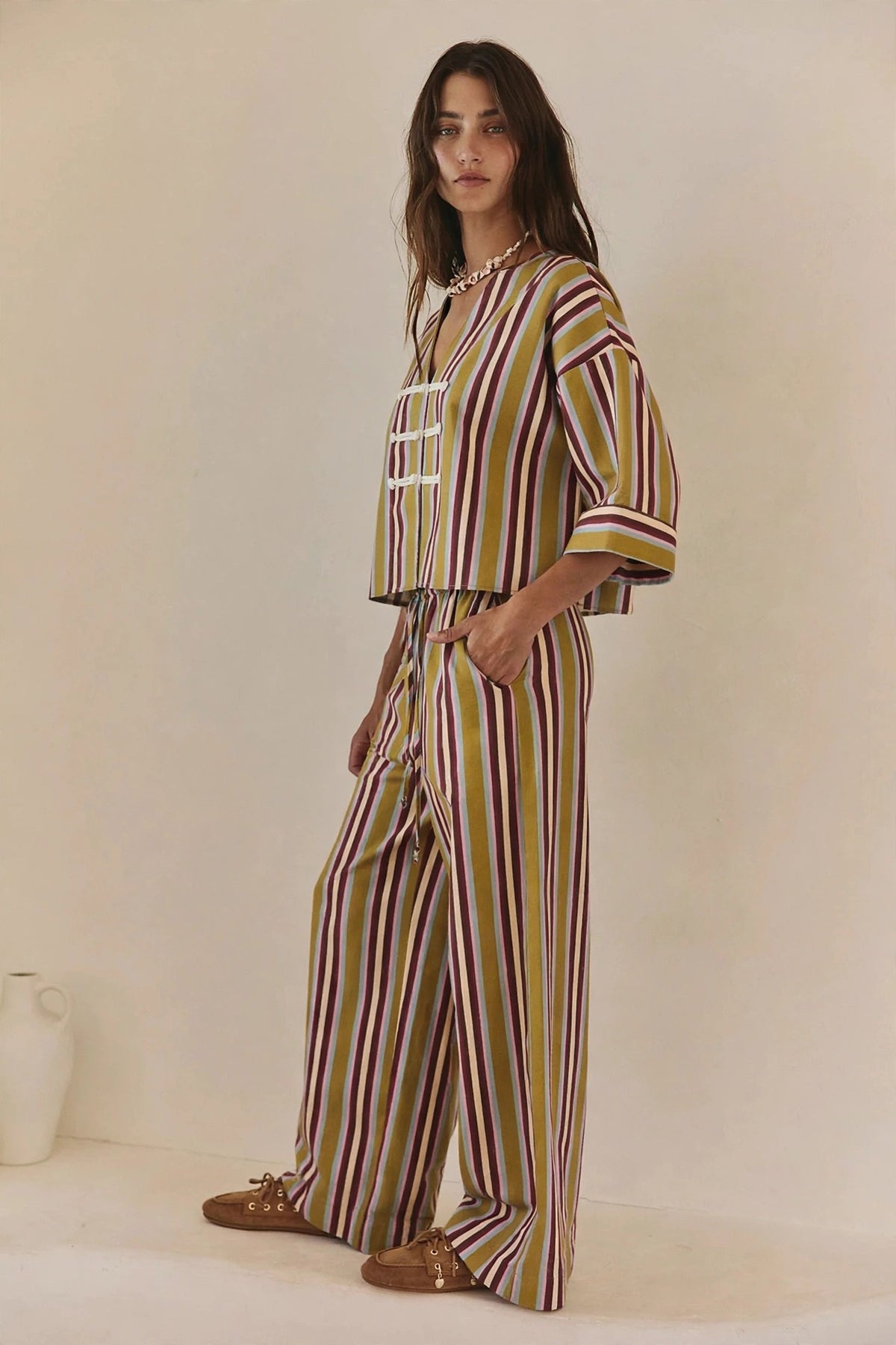 Women's Multi Stripe Toggle Closure Top