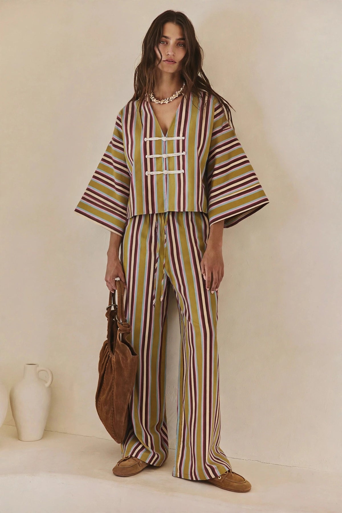 Women's Multi Stripe Toggle Closure Top with matching Multi Stripe Drawstring Wide Leg Pants