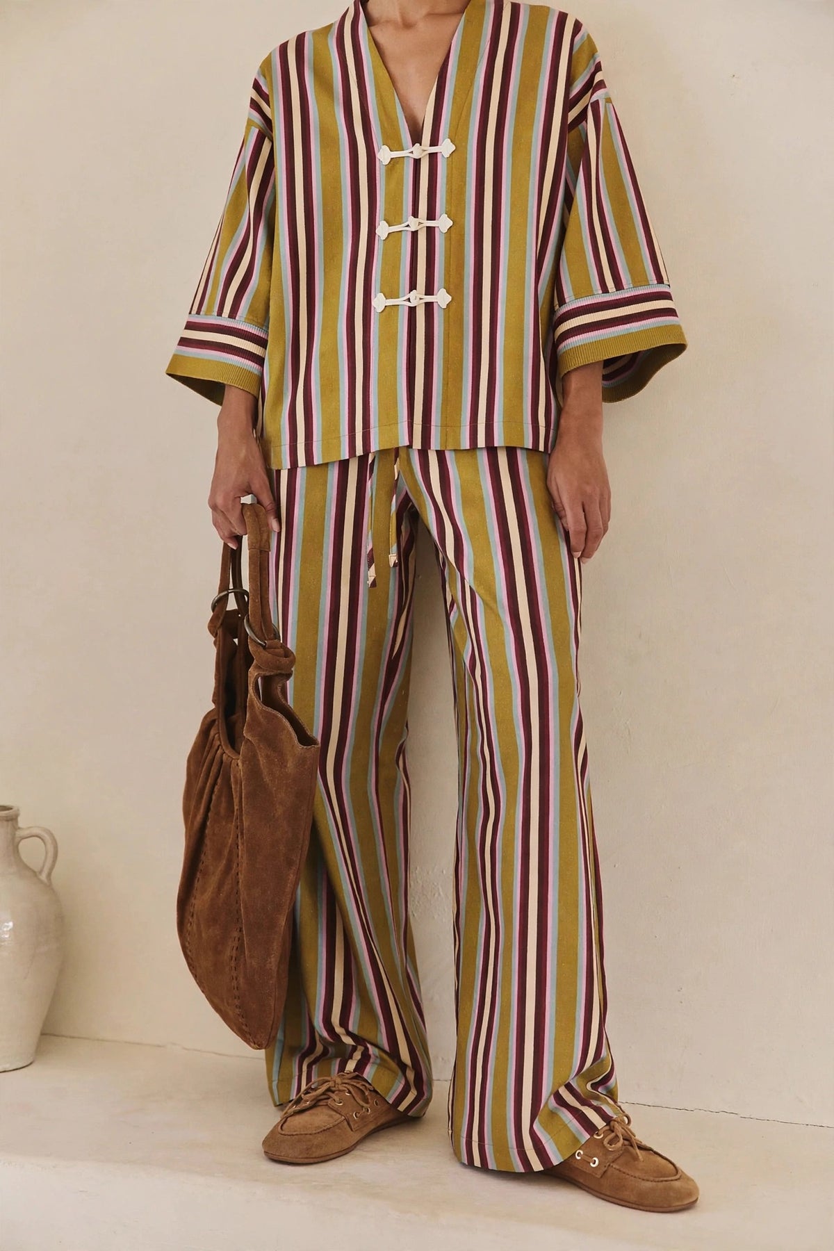Women's Multi Stripe Drawstring Wide Leg Pants