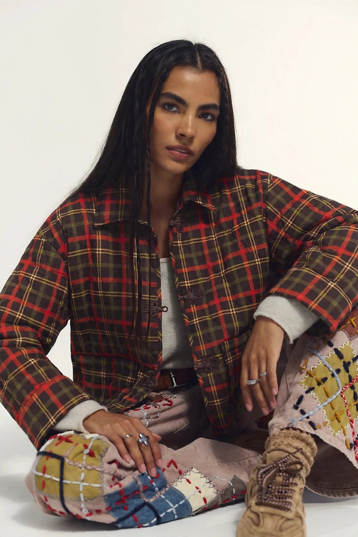 Women's Plaid Quilted Embroidered Closure Jacket in fall plaid