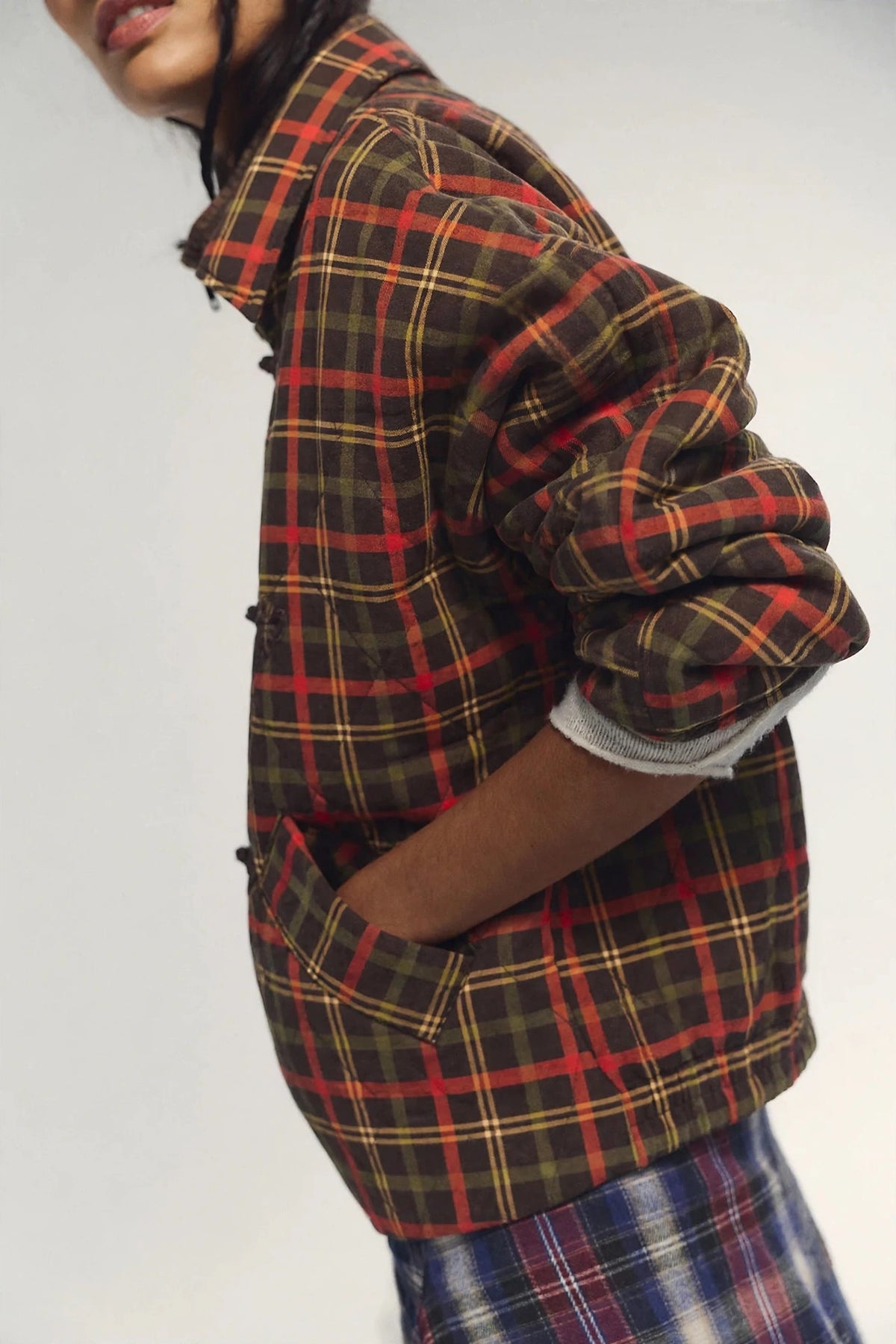 Women's Plaid Quilted Embroidered Closure Jacket in fall plaid