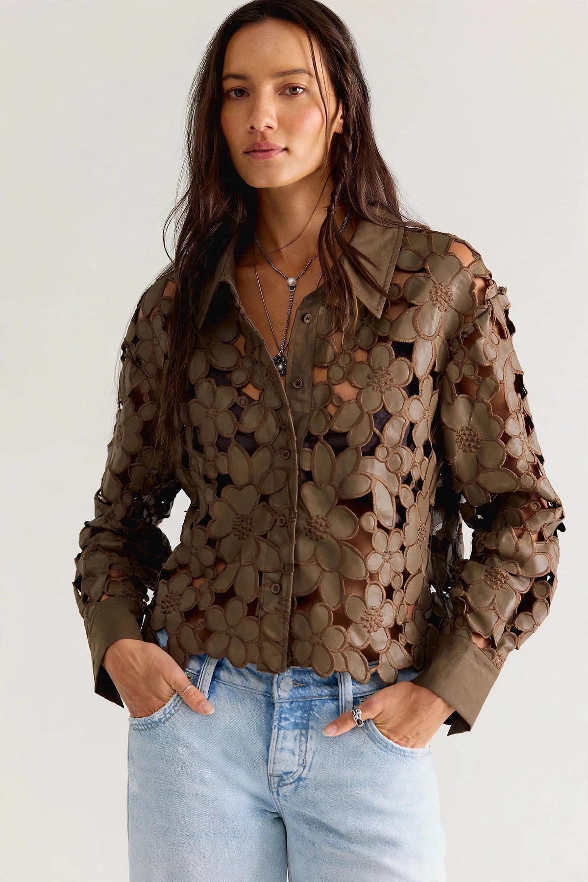 Close up of the Floral Eyelet Blouse showing the floral eyelet lace, point collar, and button front in olive brown