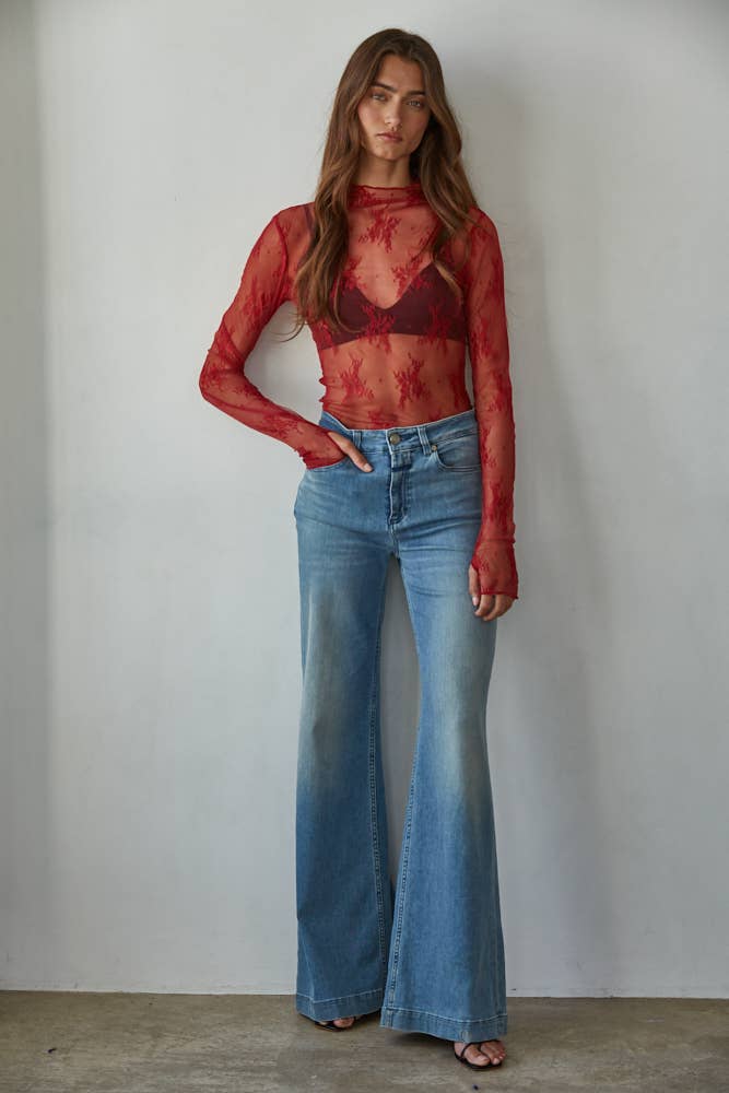 Knit Jacquard Lace Mock Neck Top