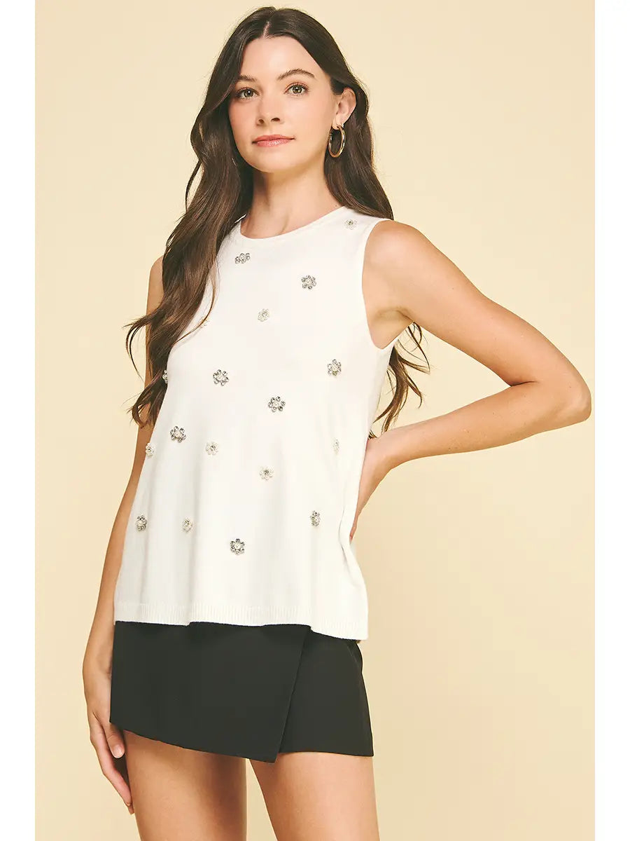 Rhinestone & Pearl Embroidered Knit Top
