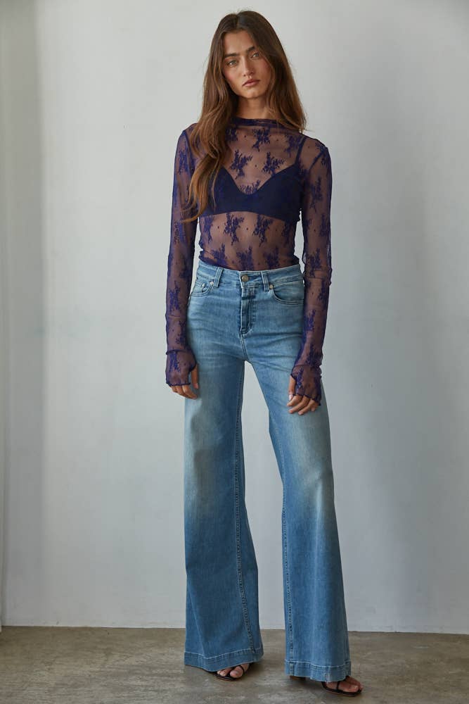 Knit Jacquard Lace Mock Neck Top