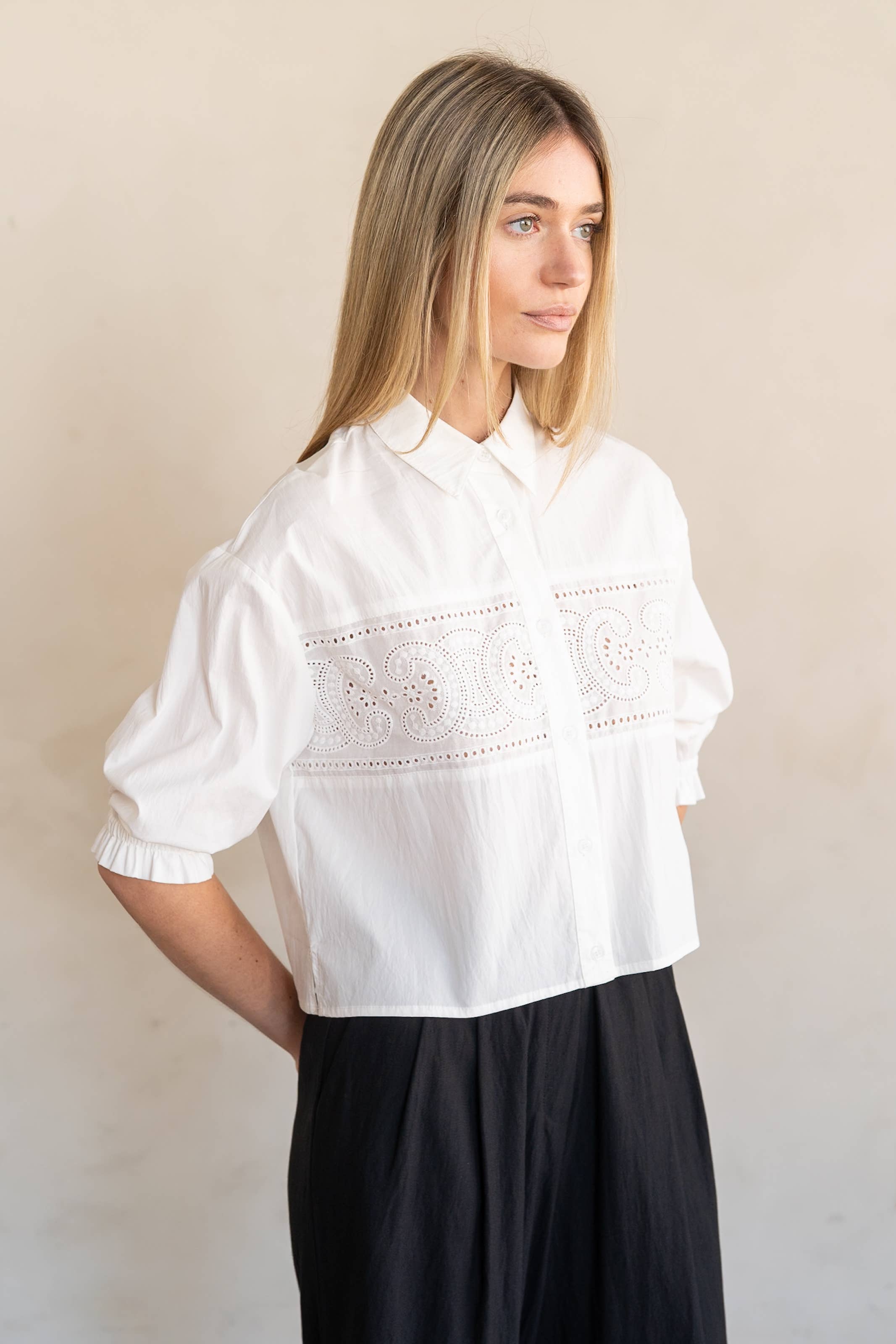 EYELET LACE PANEL BUTTON-UP BLOUSE