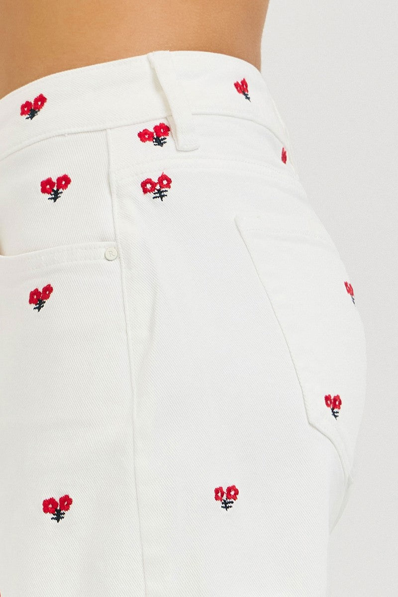 Risen Jeans | White Floral Embroidered High-Rise Shorts