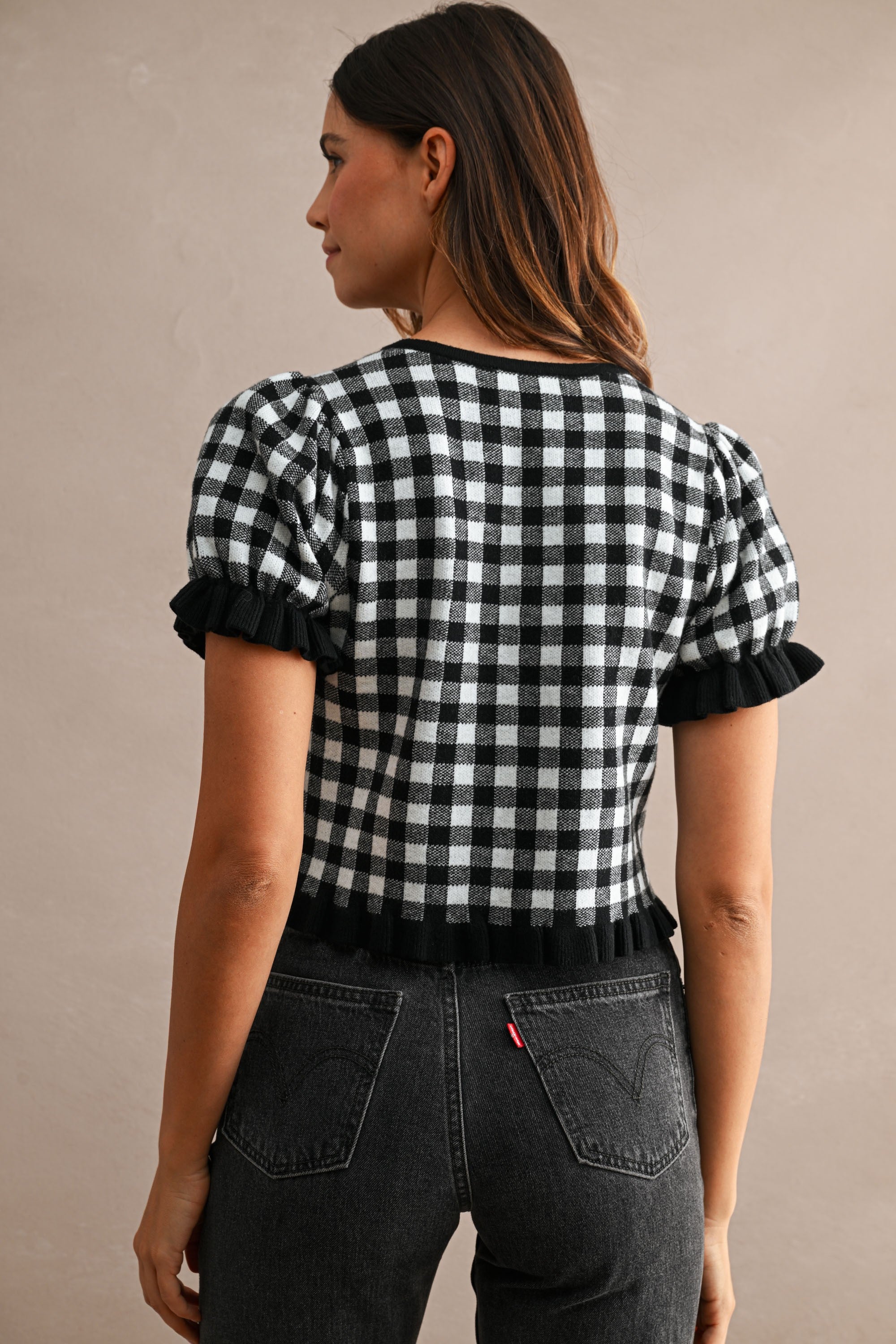 Knit Ruffled Gingham Cardigan