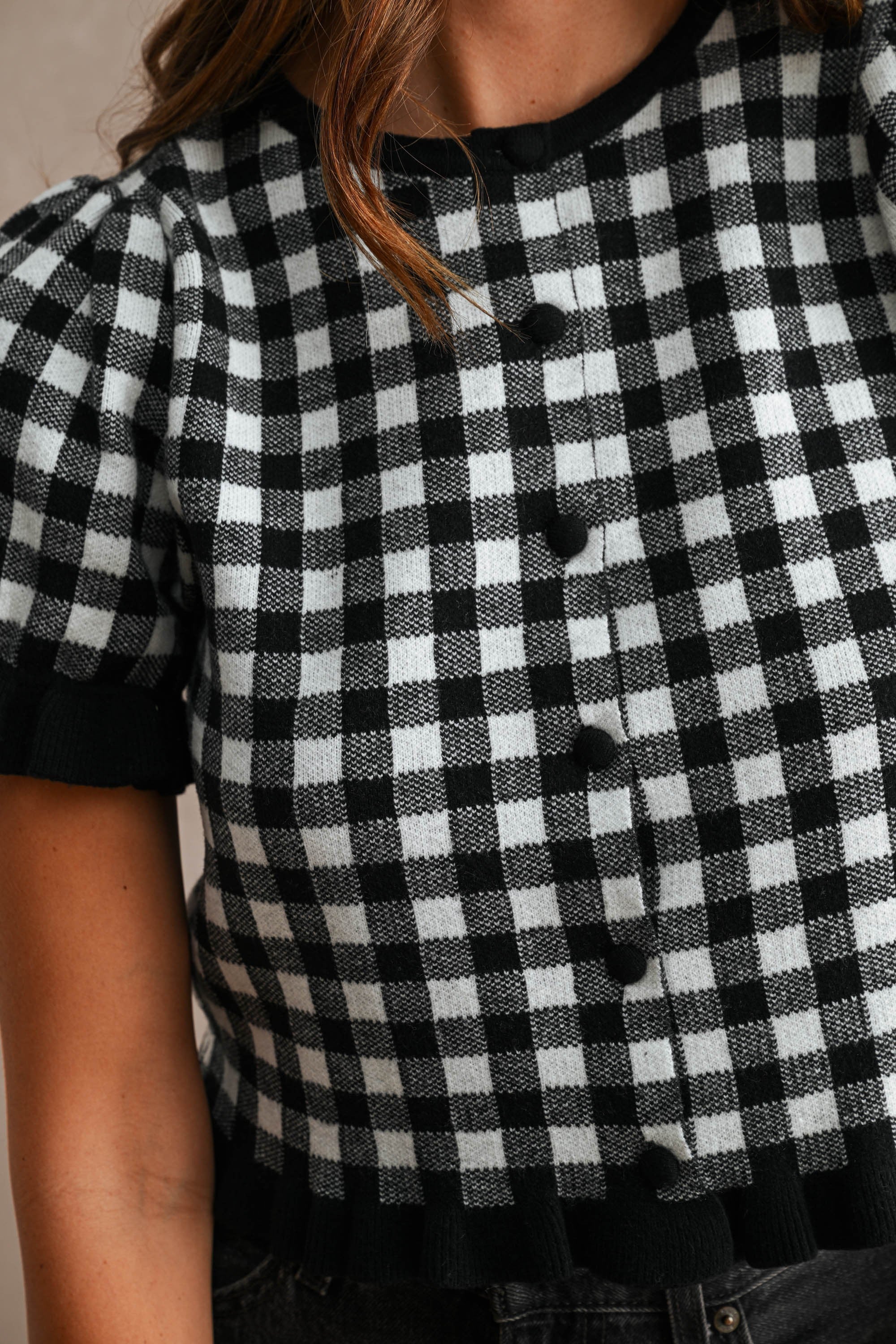 Knit Ruffled Gingham Cardigan