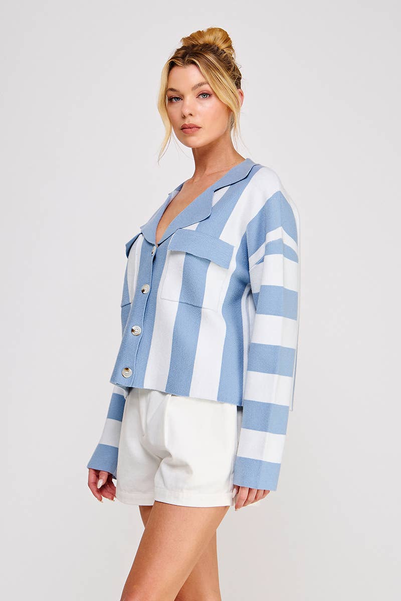 Striped Soft Relaxed Collared Cardi