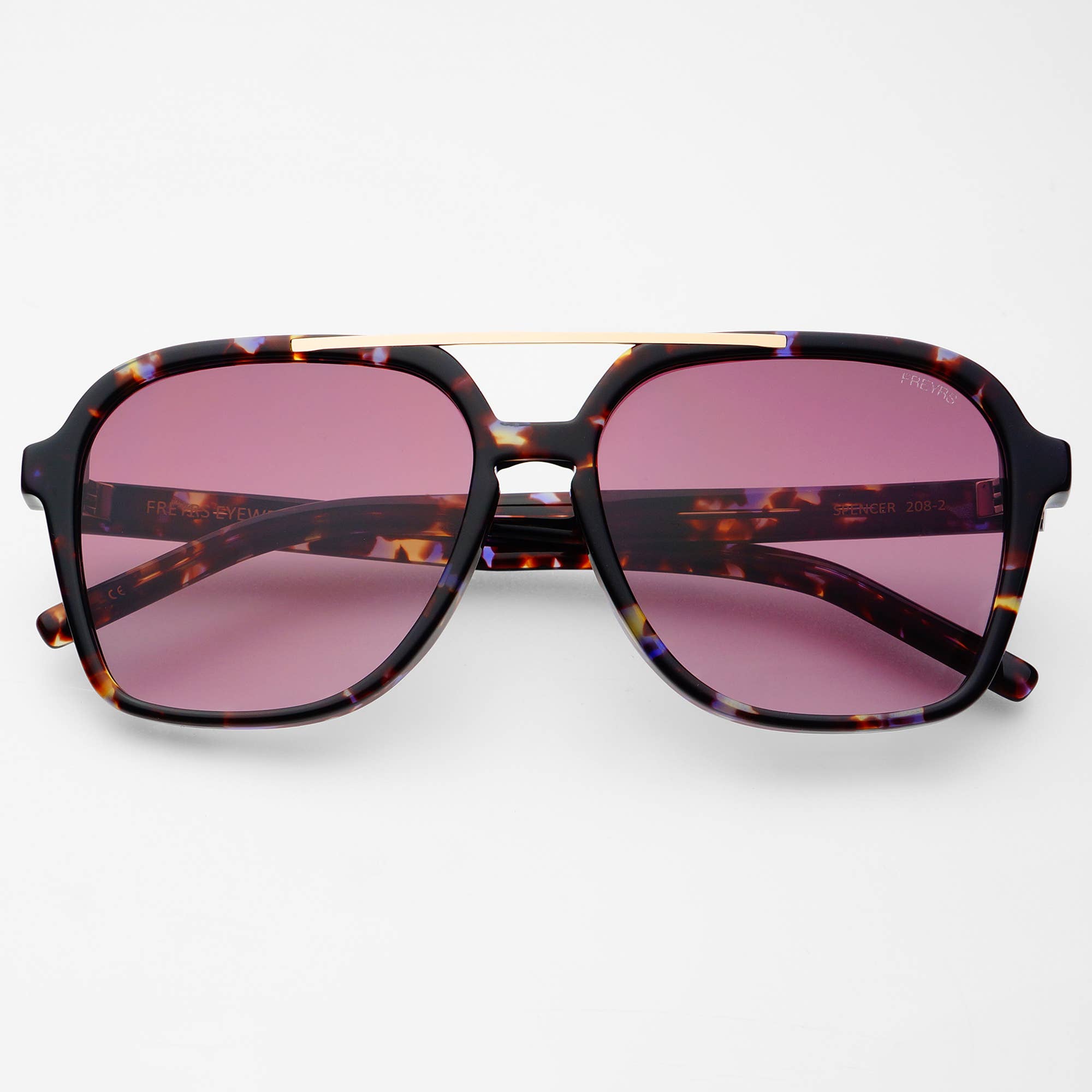 Sunglasses with tortoiseshell frame and pink lenses on a white background