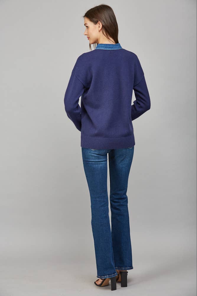 DENIM SHIRT COLLAR DETAIL SWEATER TOP