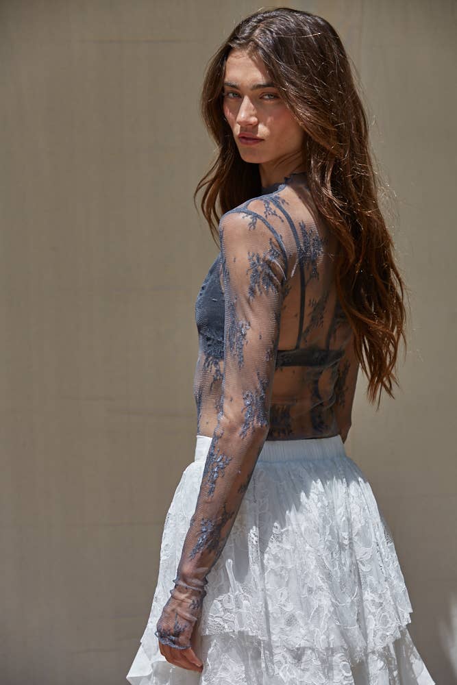 Knit Jacquard Lace Mock Neck Top