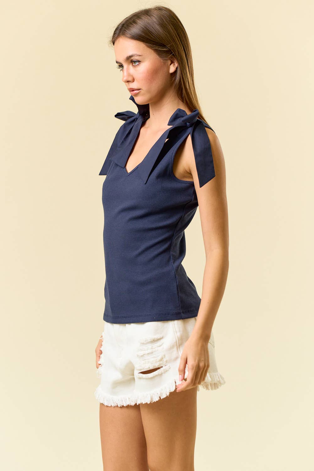 Ribbed V-Neck Bow Tie Tank