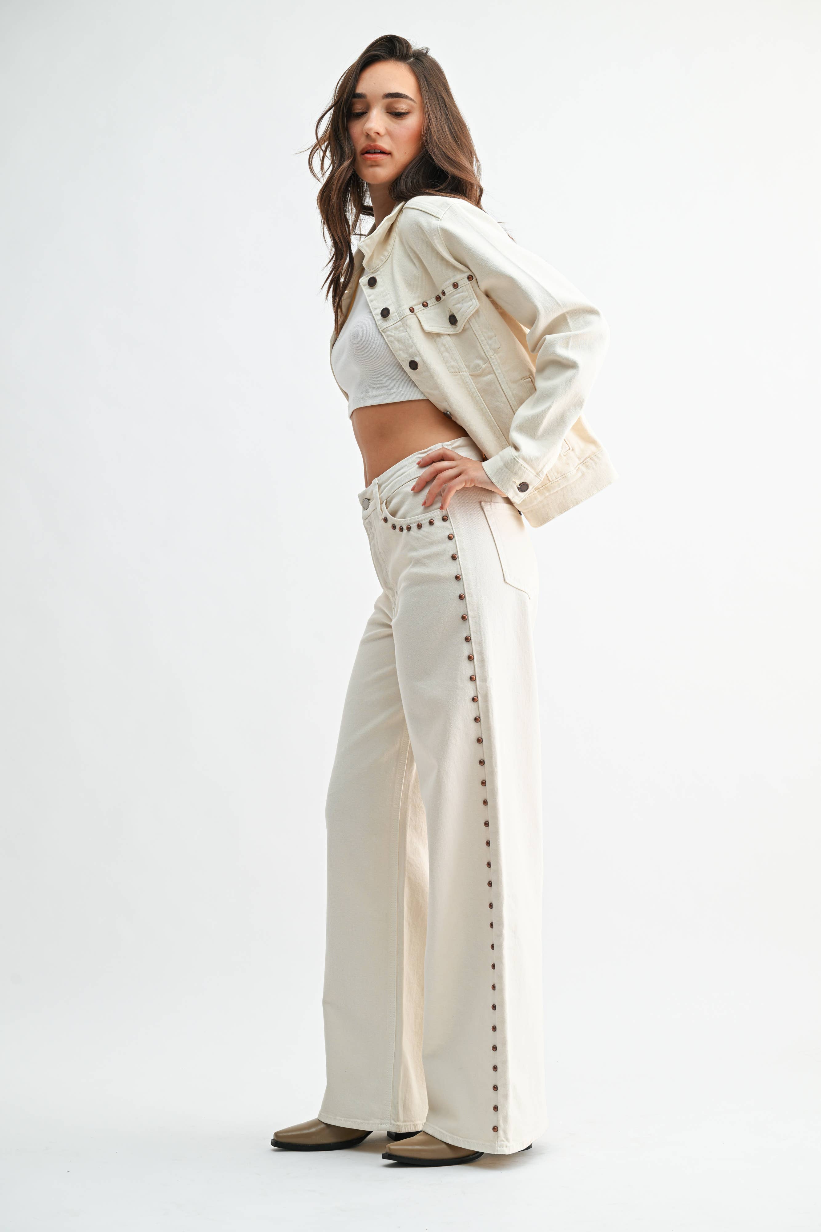 High Rise Cream Studded Wide Leg