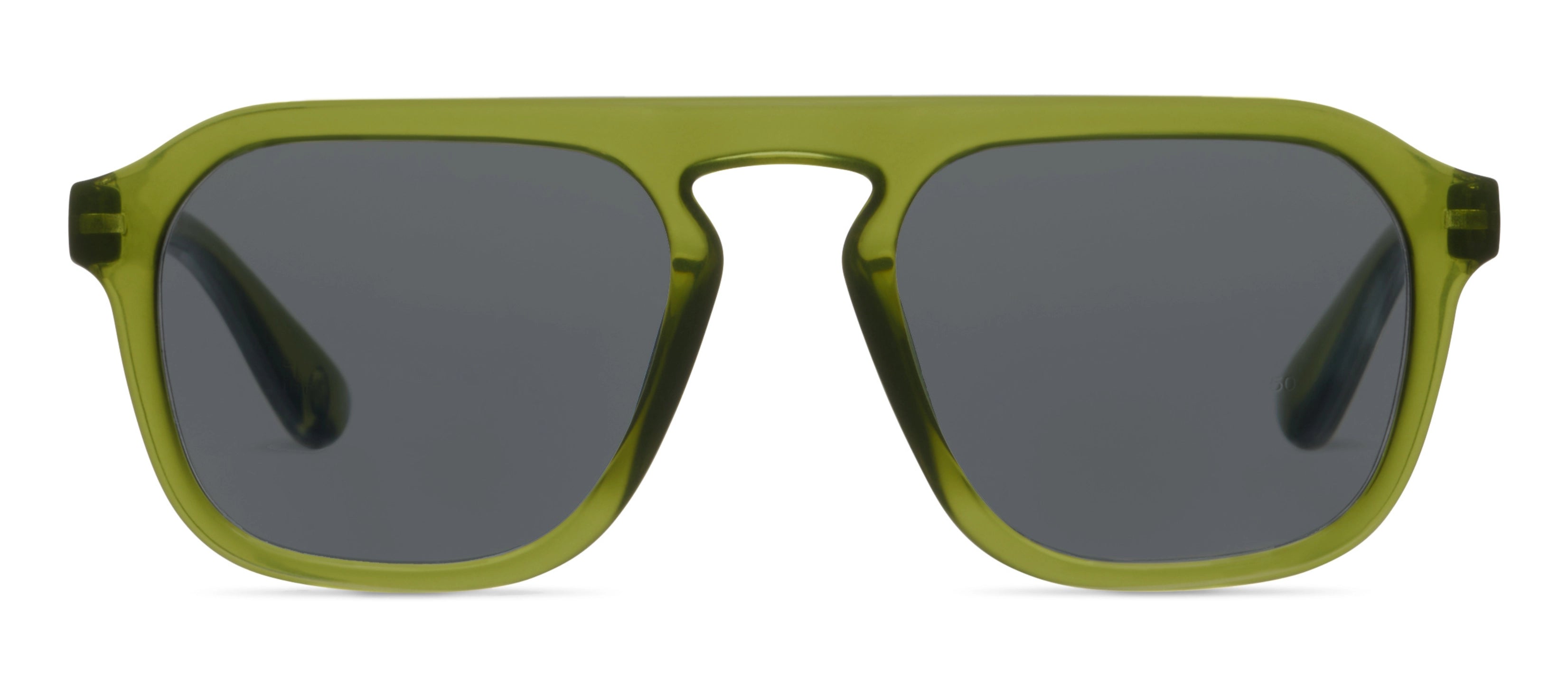 Green sunglasses with dark lenses on a white background