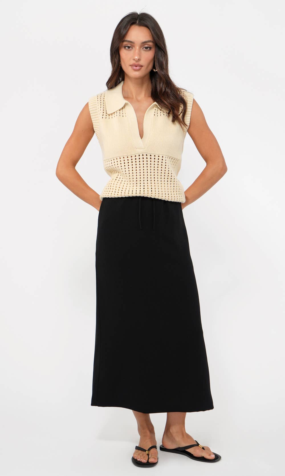 Collared Sleeveless Pointelle Knit Top
