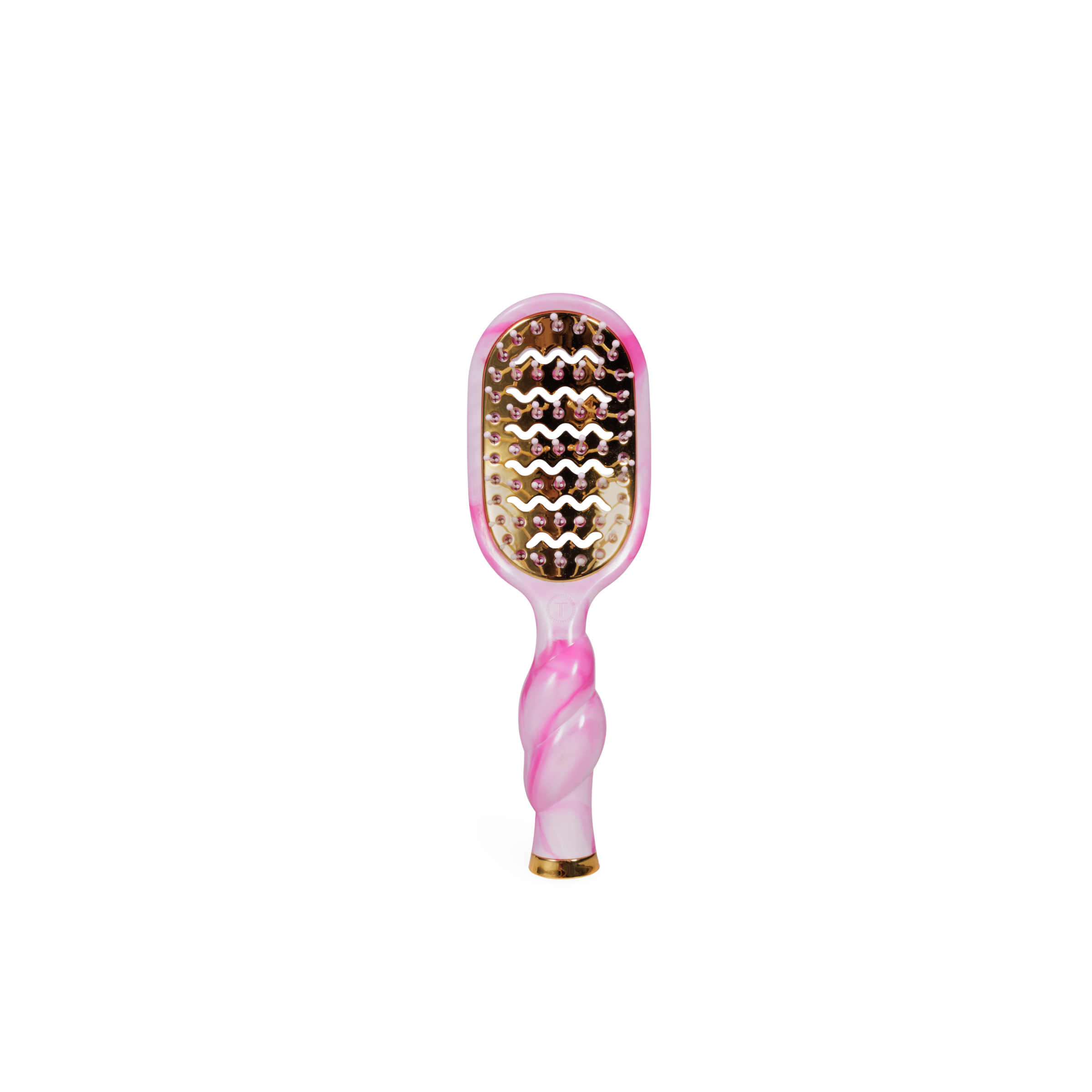 Pink and gold hairbrush on a white background