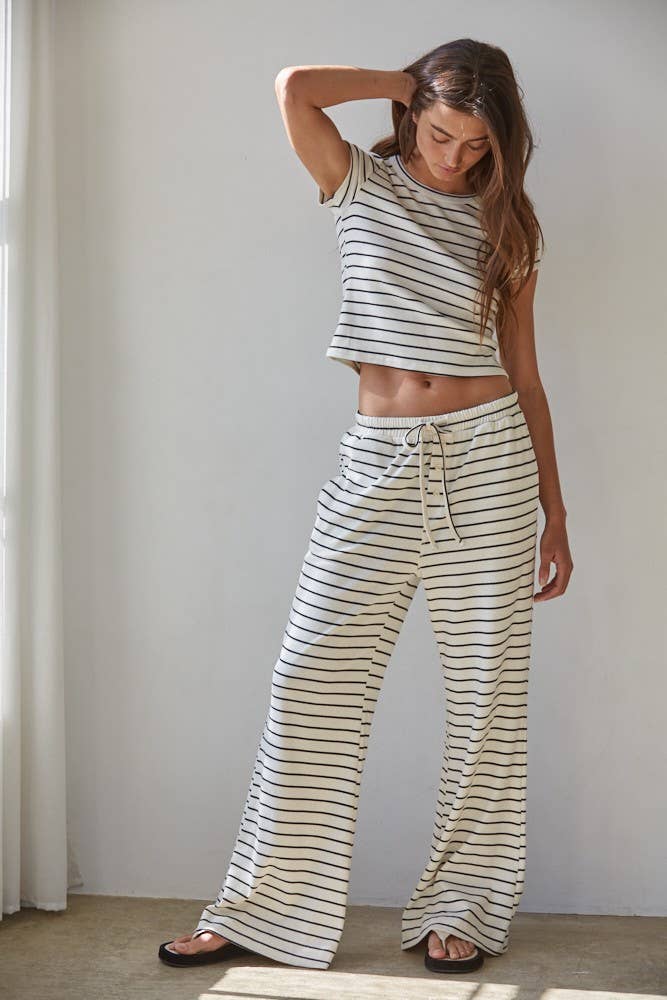 L8907B | Knit Striped Waist Elastic Band Tie Flare Pants