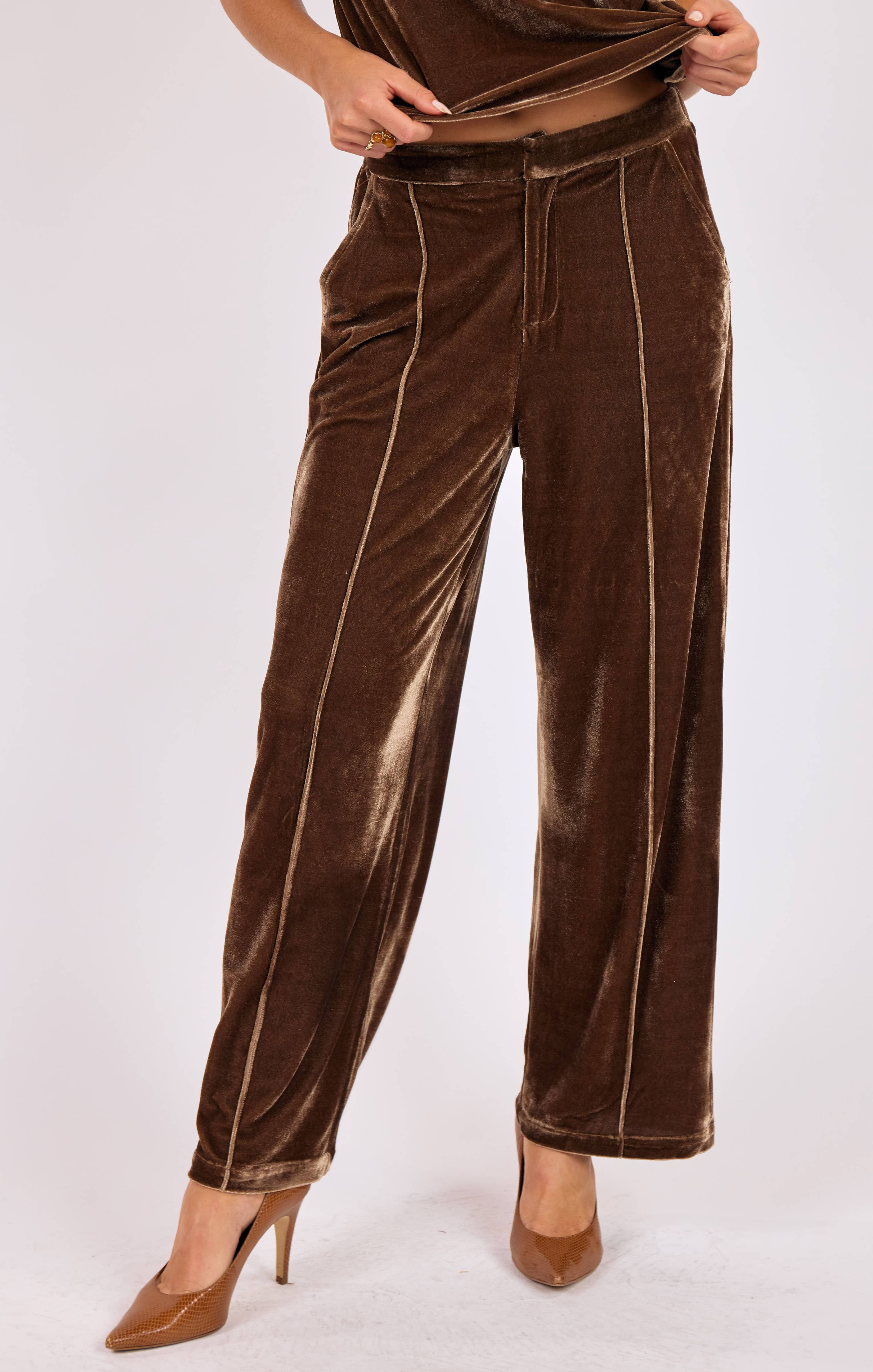 Twilight Spell Stretch Velvet Pin Tuck Trousers : MOCHA