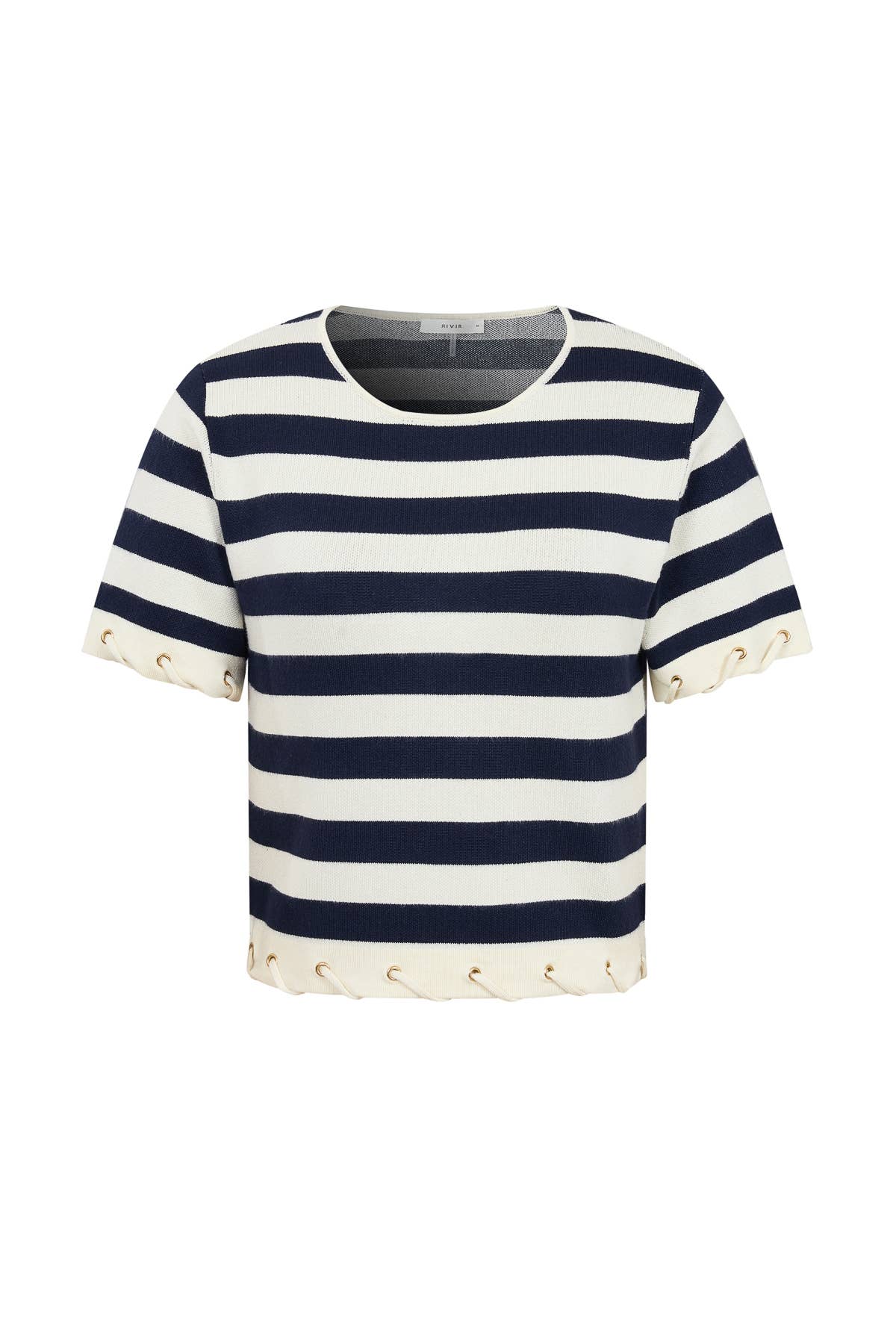 Navy and white striped shirt with button details on a white background