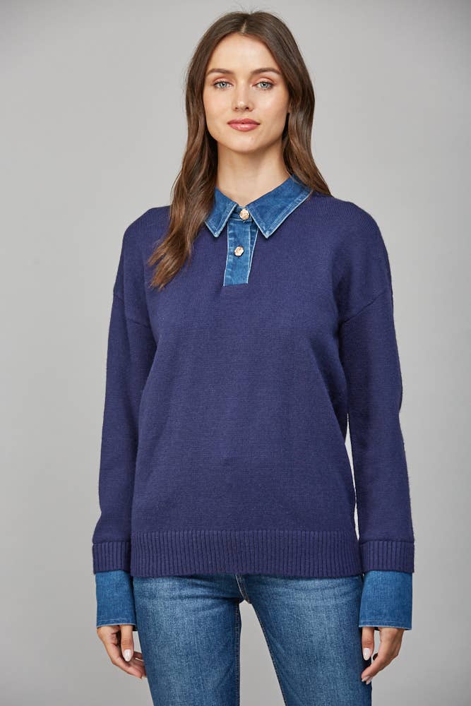 DENIM SHIRT COLLAR DETAIL SWEATER TOP