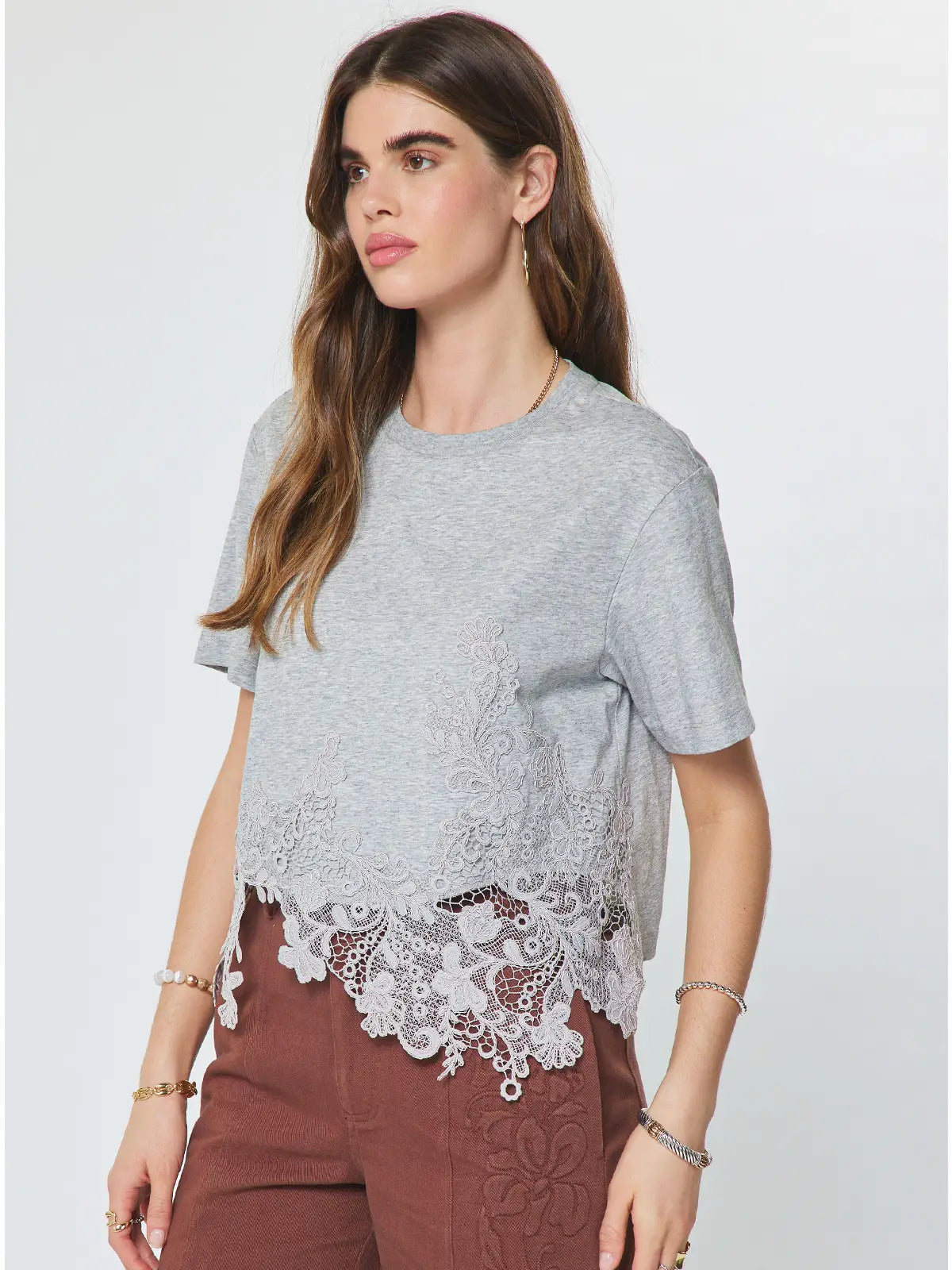 Cotton Blend Lace Hem Cropped Top