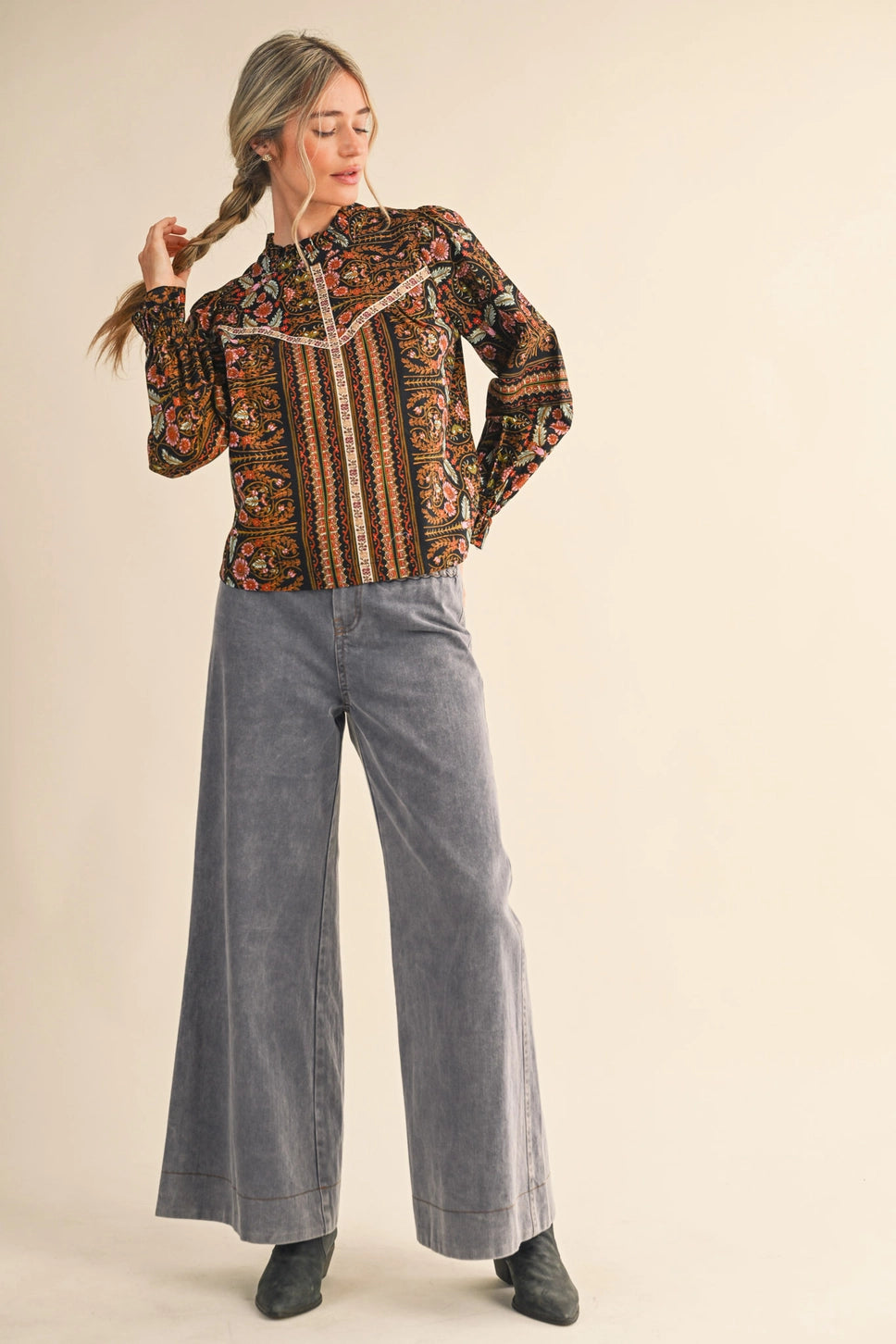 Floral Print Top with Floral Trim