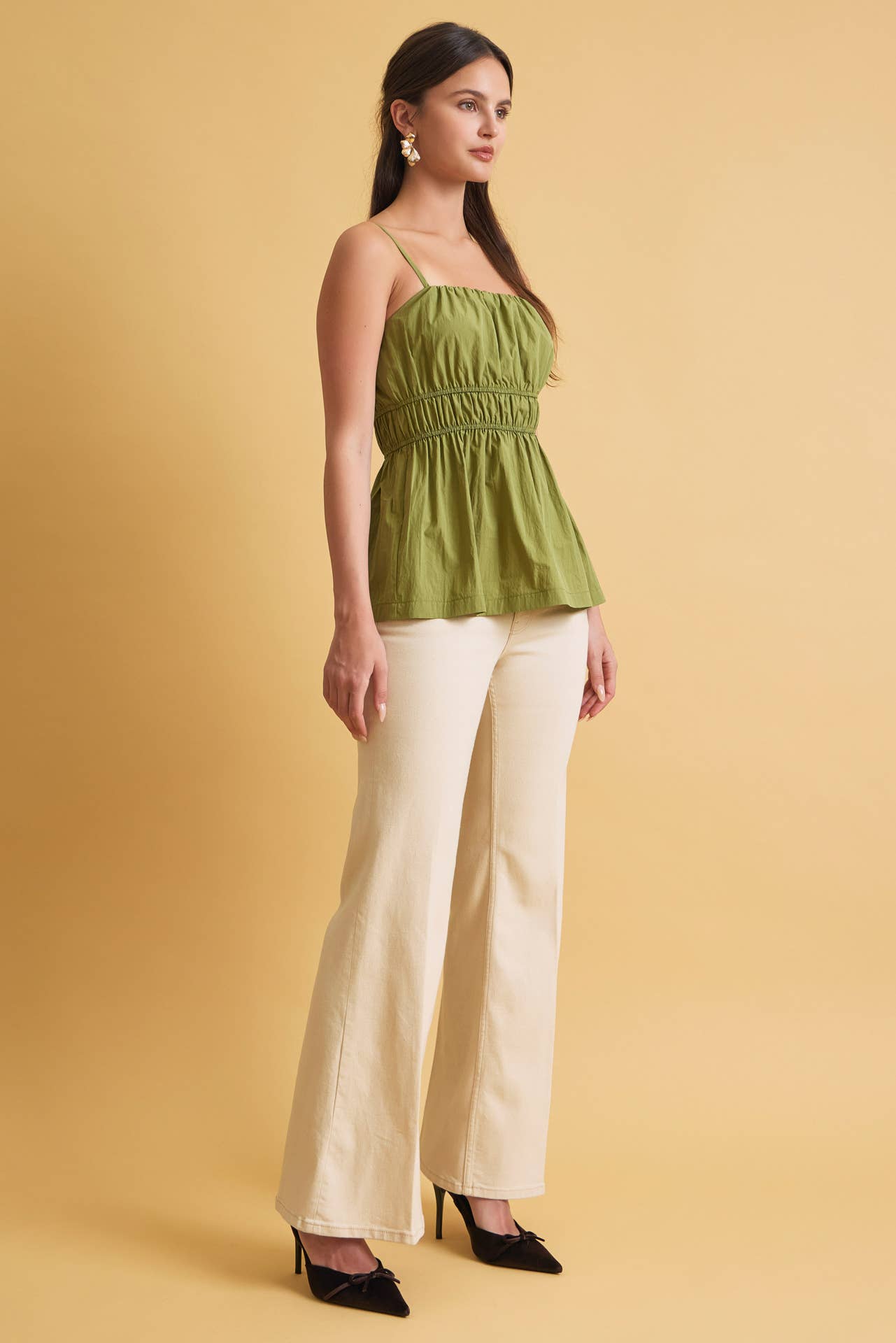 RUCHED CAMI TOP W SOMKED WAIST AND PEPLUM HEM