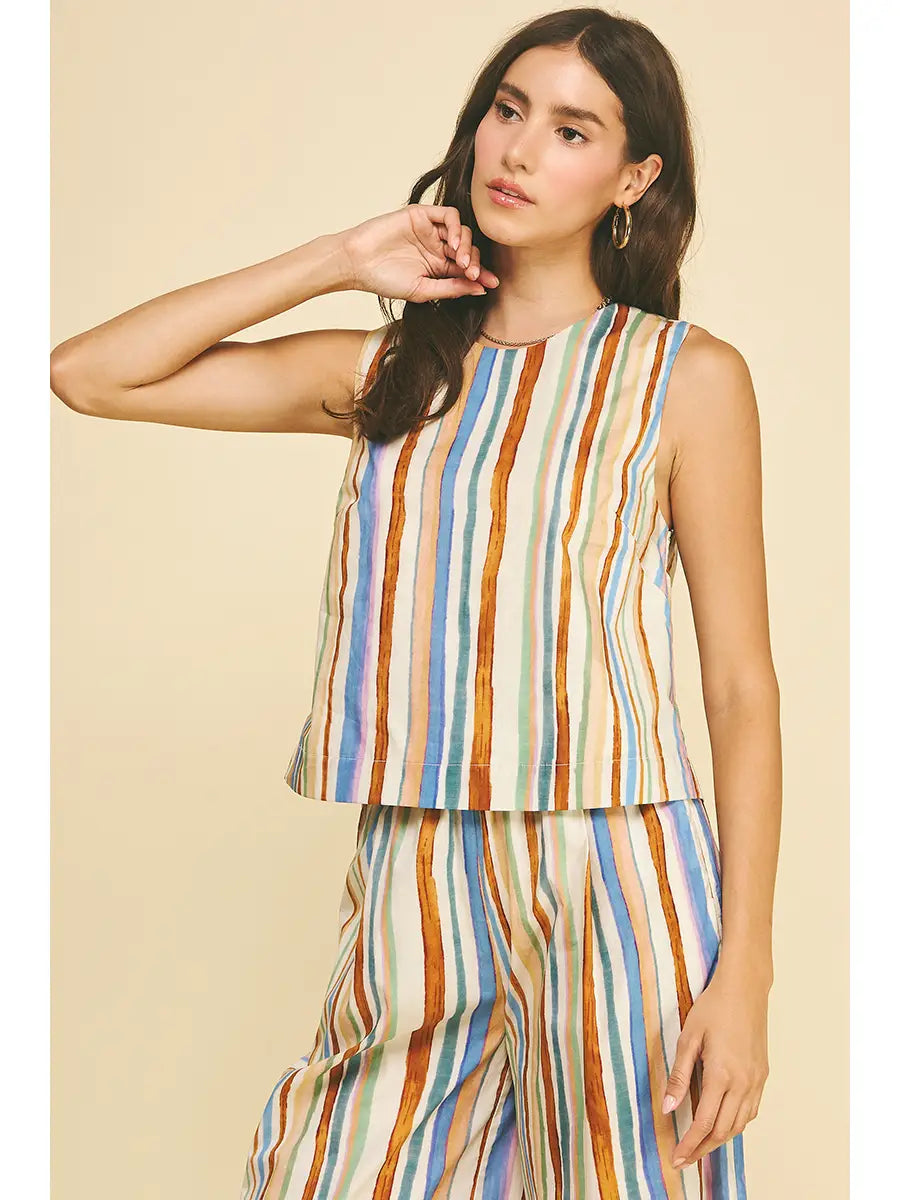 Multi Color Stripe Top with Button Detail