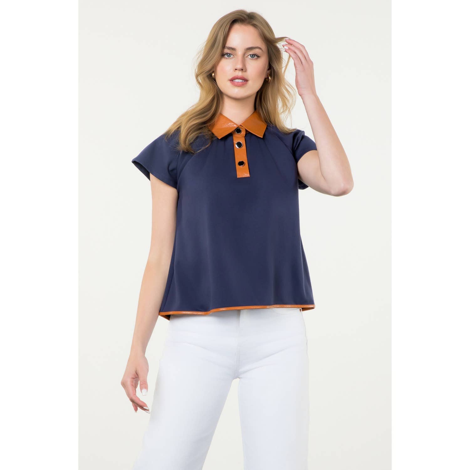 Contrast Collar Faux Leather Top