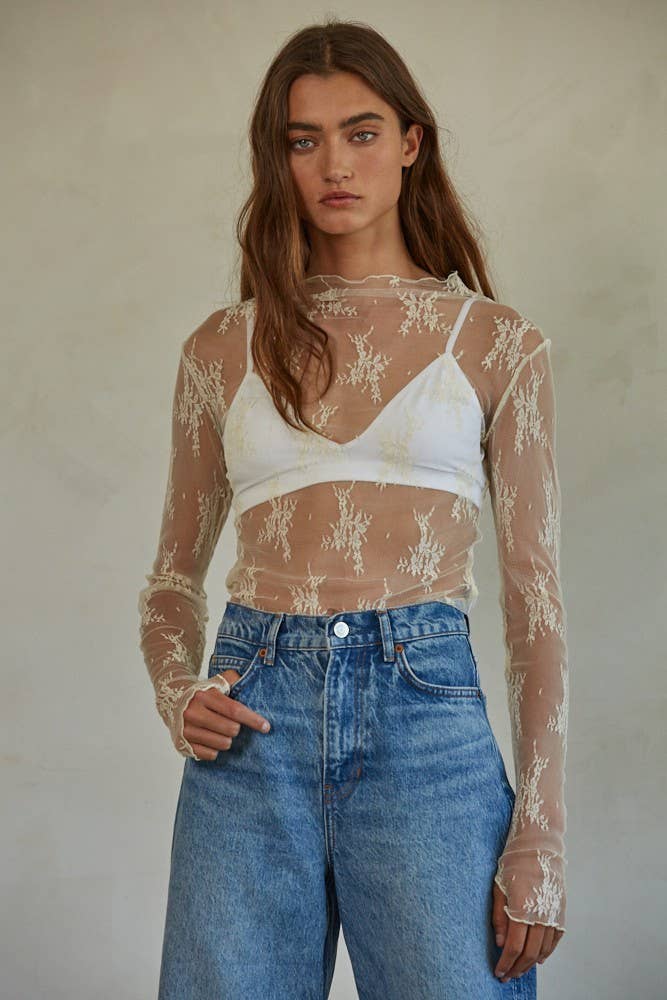 Knit Jacquard Lace Mock Neck Top
