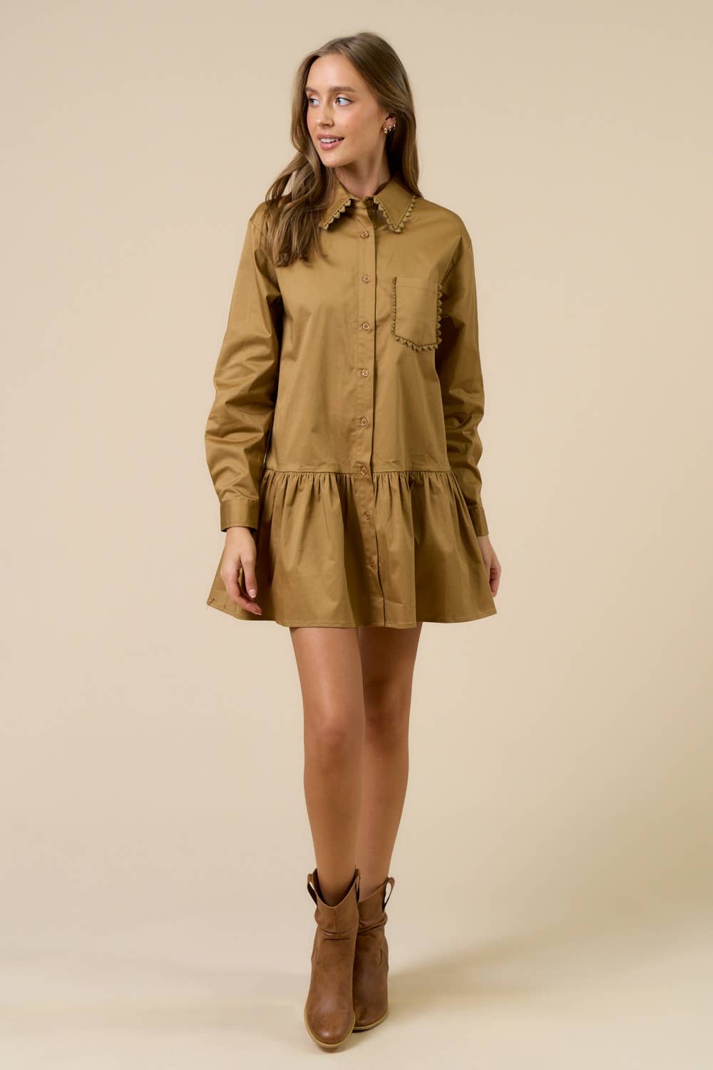 Scalloped Trim Button-Up Dress
