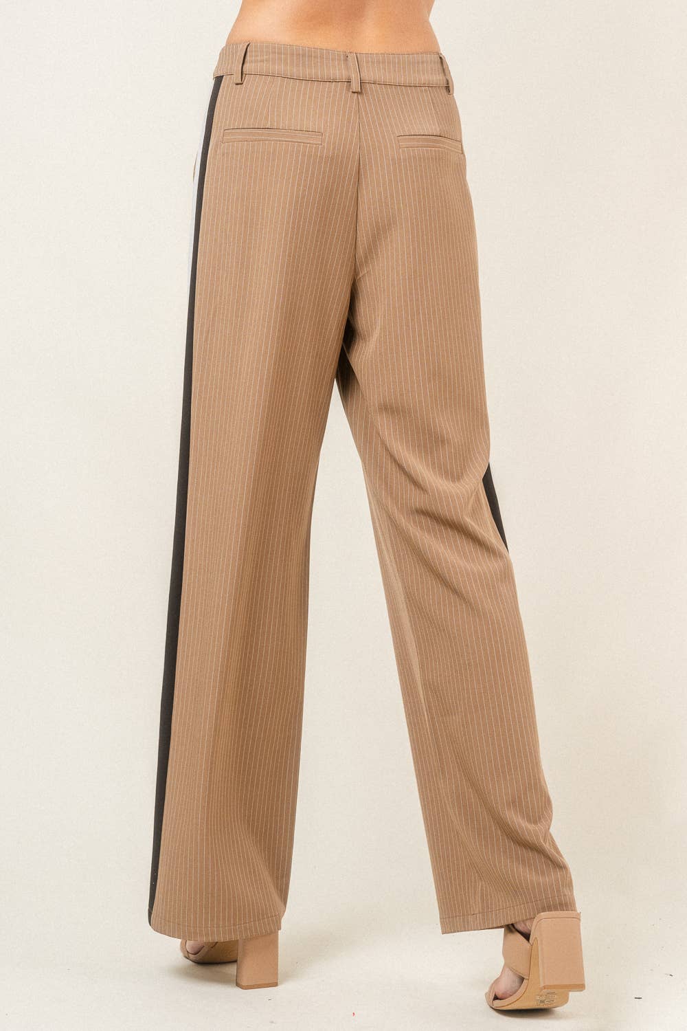 COLOR BLOCKED KHAKI & WHITE WIDE LEG PINSTRIPE PANTS