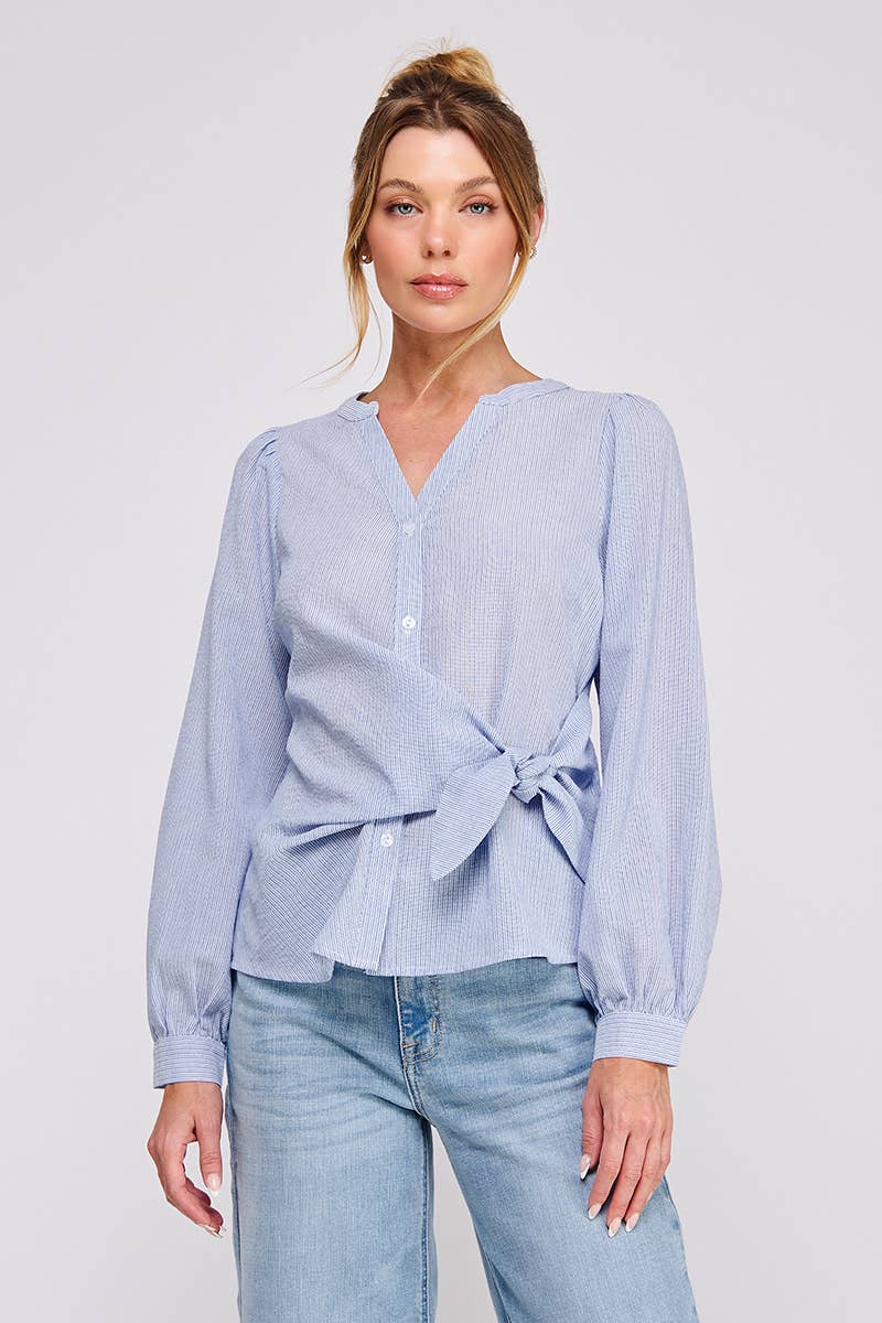 Striped cotton blend side wrap-tie button up blouse