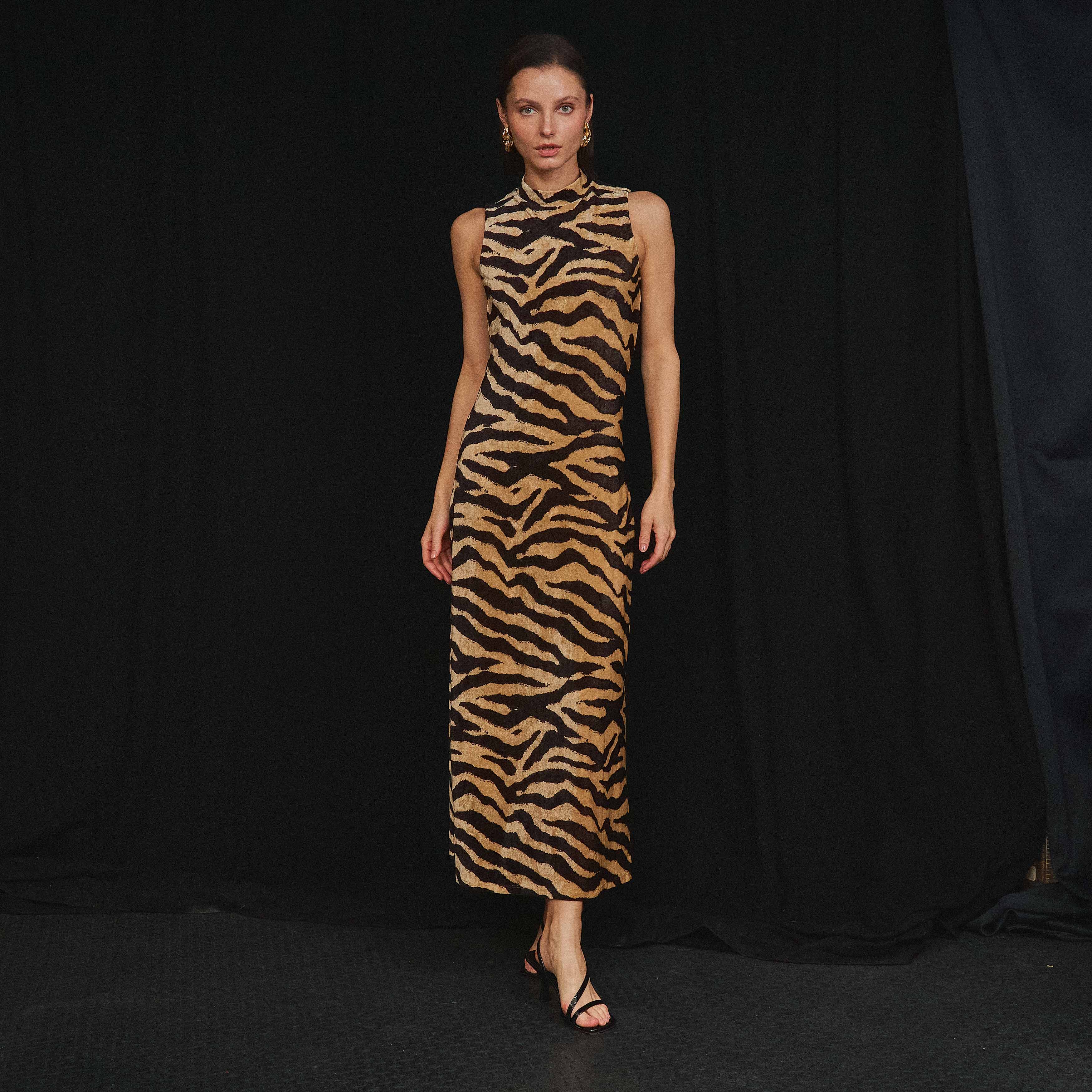 Model wearing a zebra print dress against a black background
