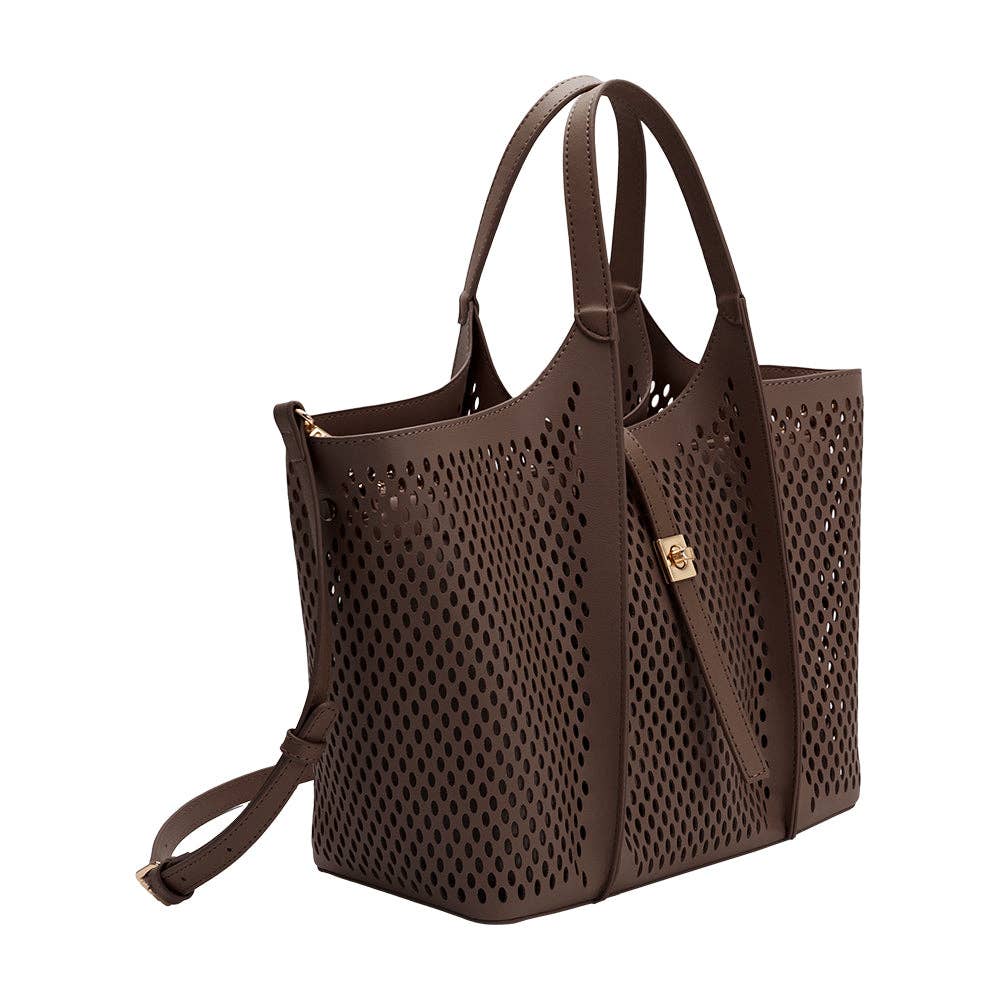 Malia Chocolate Laser Cut Leather Tote Bag