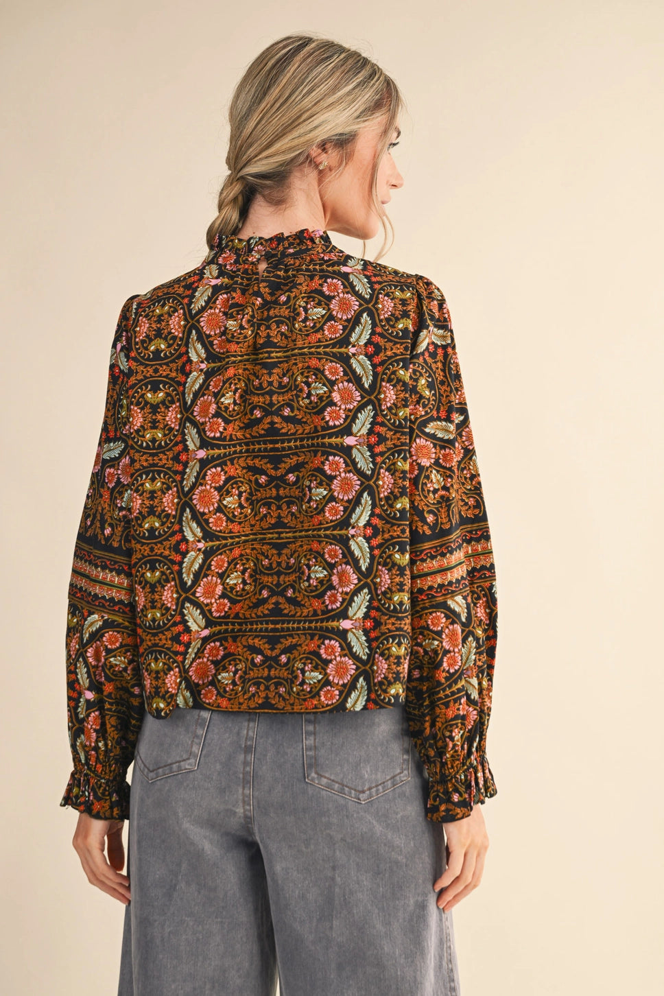 Floral Print Top with Floral Trim