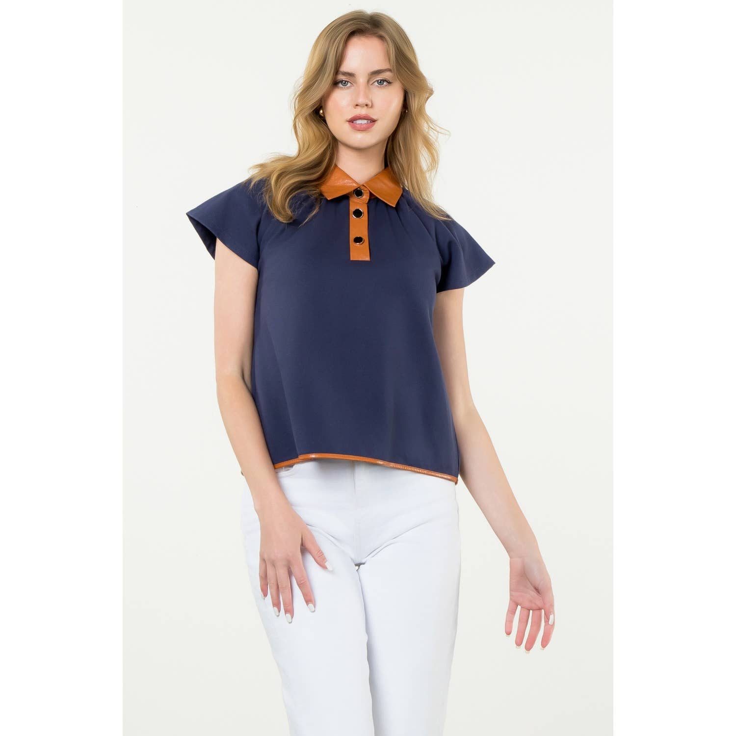Contrast Collar Faux Leather Top