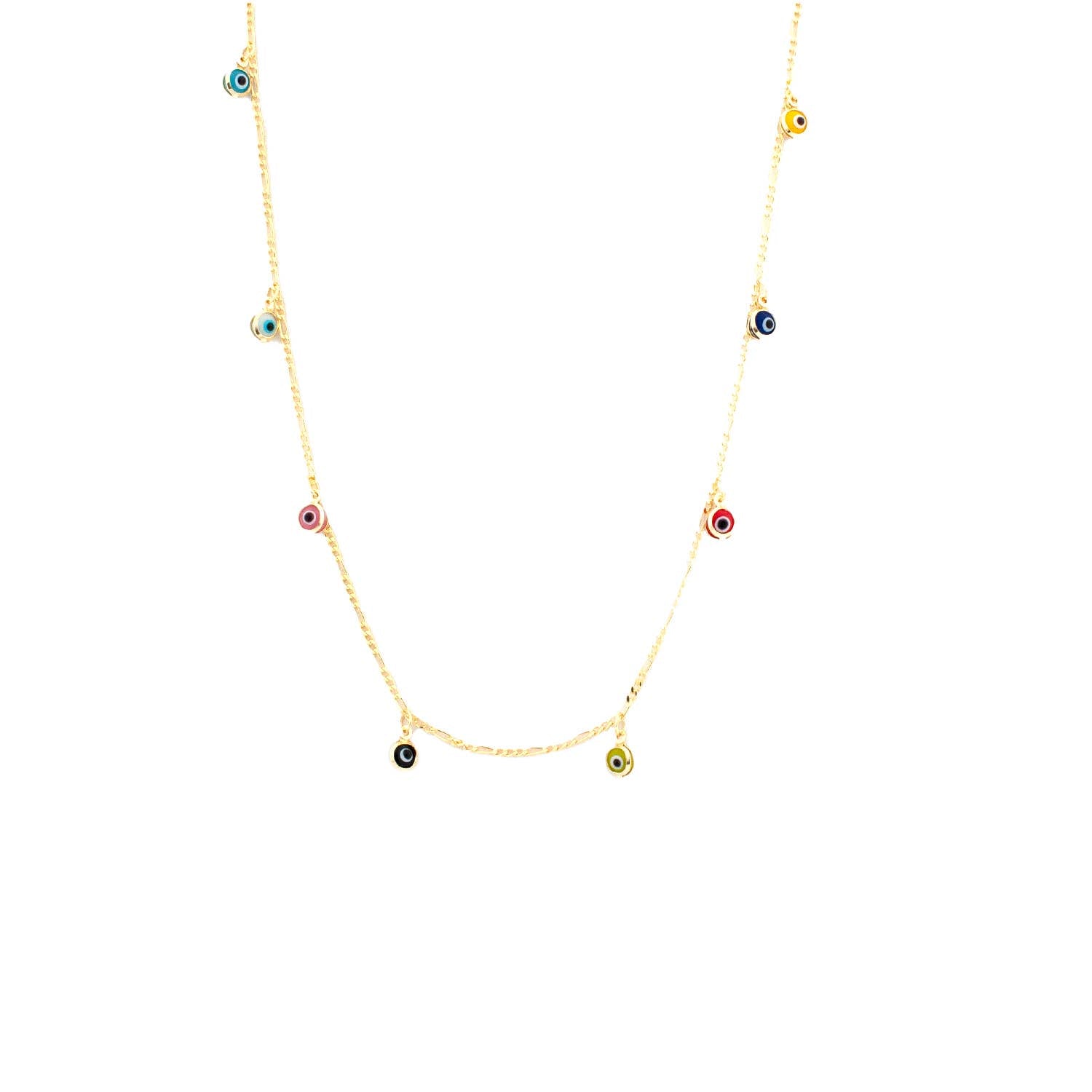 Gold necklace with small colored beads on a white background